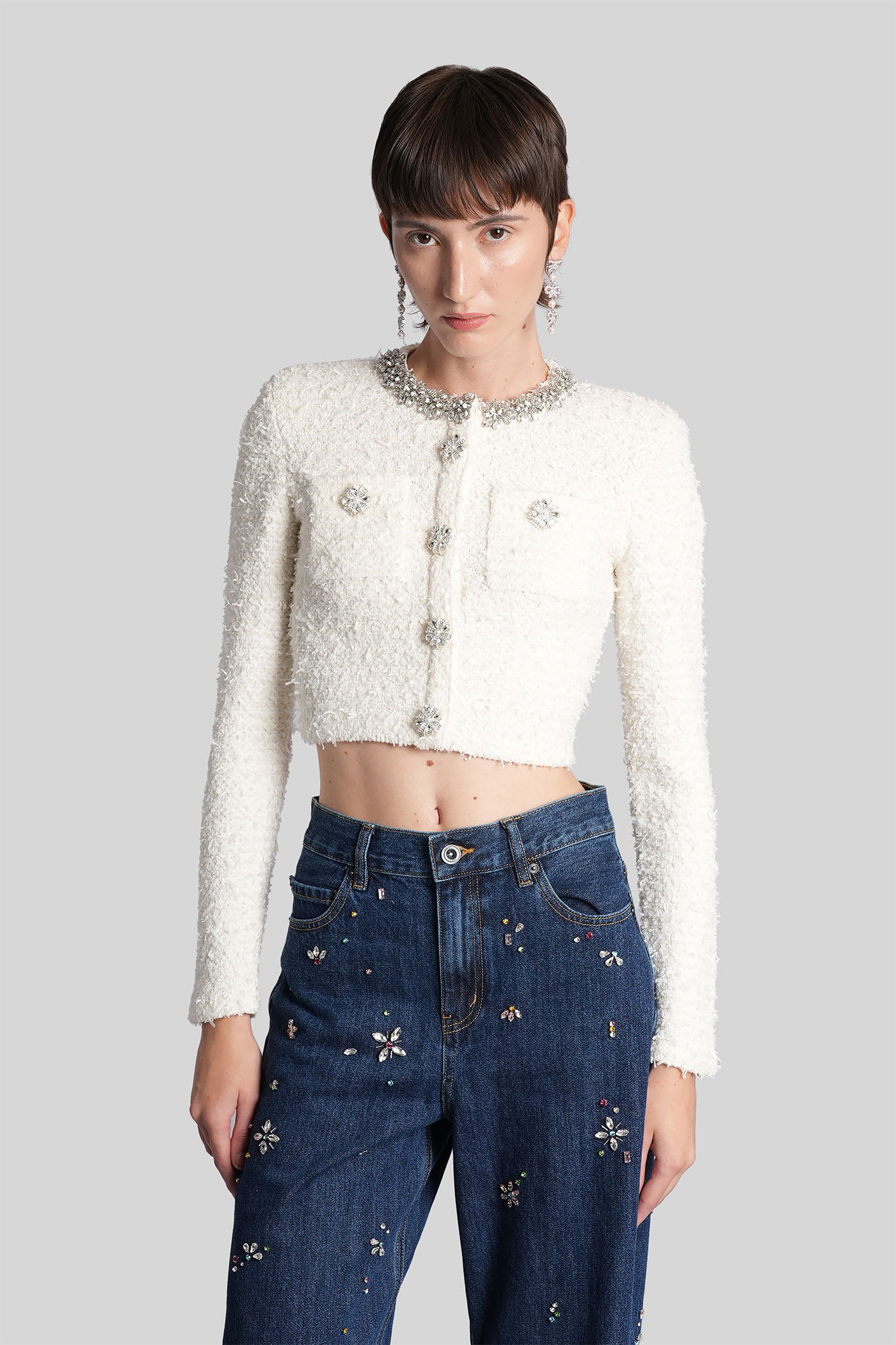 Self-portrait Cardigan In White Cotton