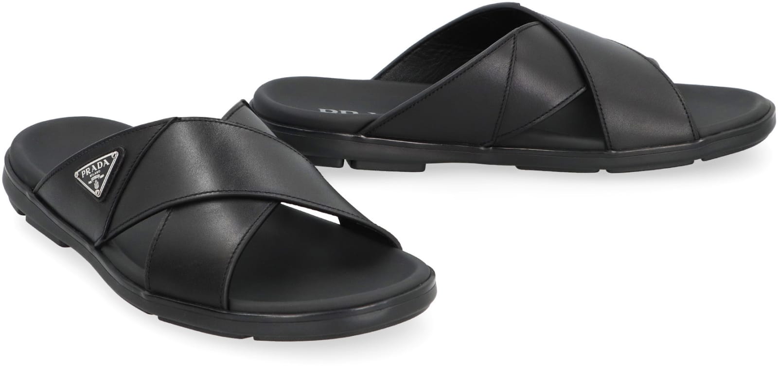 Shop Prada Leather Slides In Black