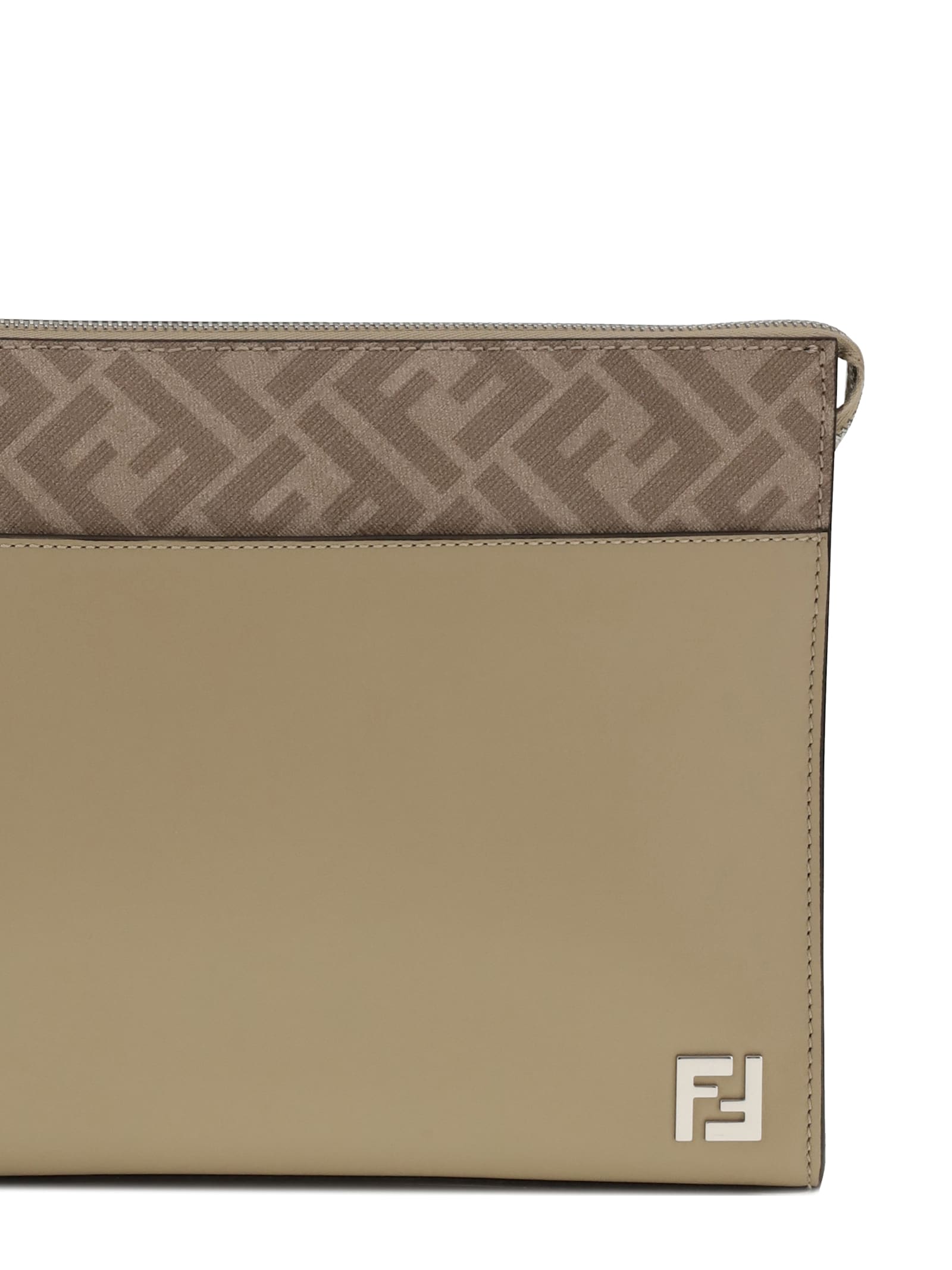 Fendi Men Leather And Ff Canvas Clutch