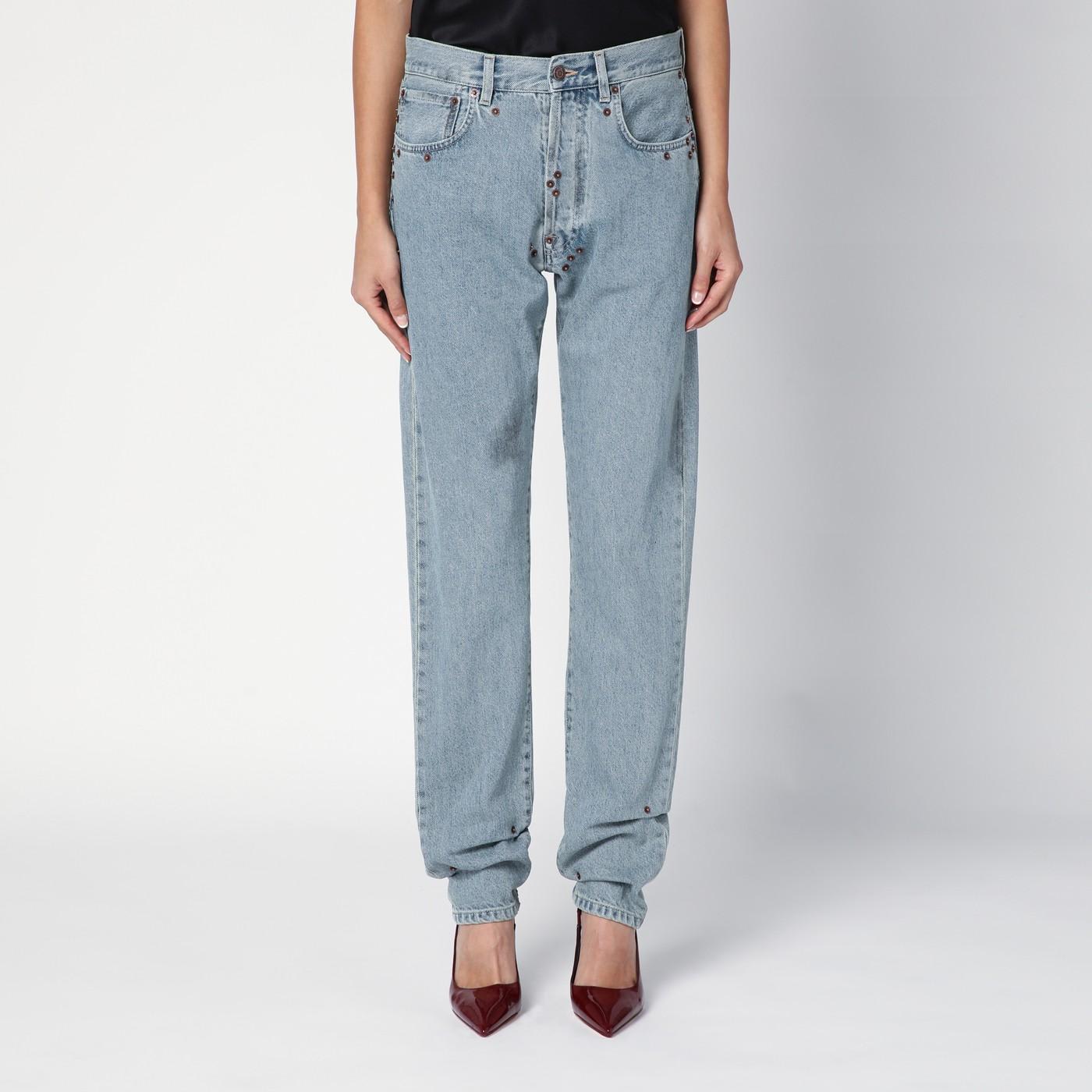 Shop Moschino Light Blue Denim Jeans With Rivets