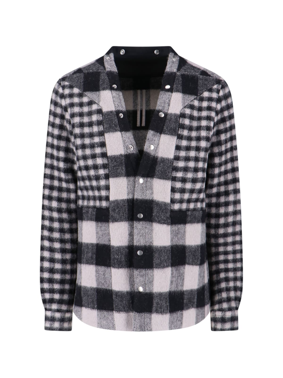 Rick Owens Checked Shirt With V-neckline And Snap Button Closure In Black