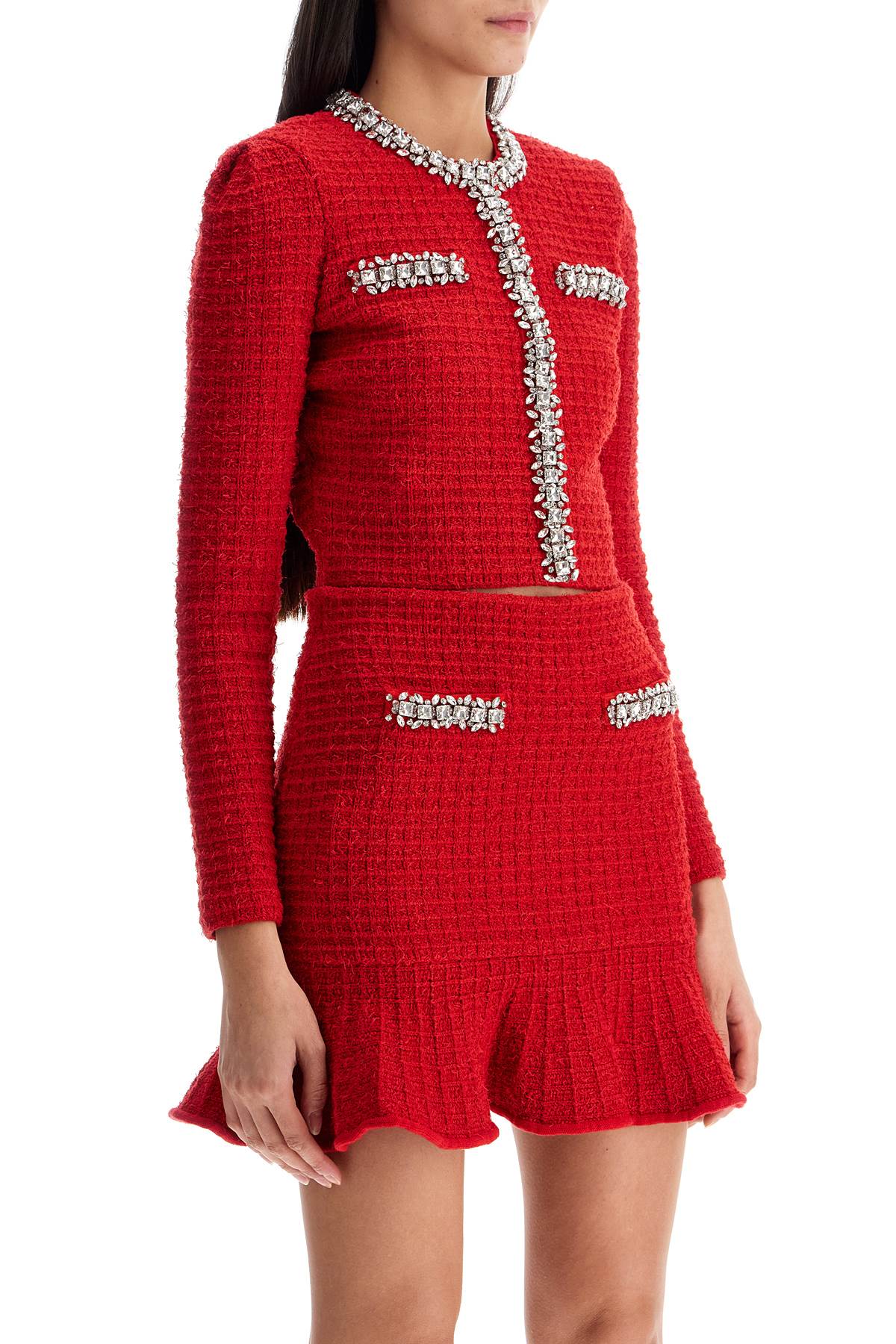 Shop Self-portrait Short Cardigan With Crystals In Red (red)