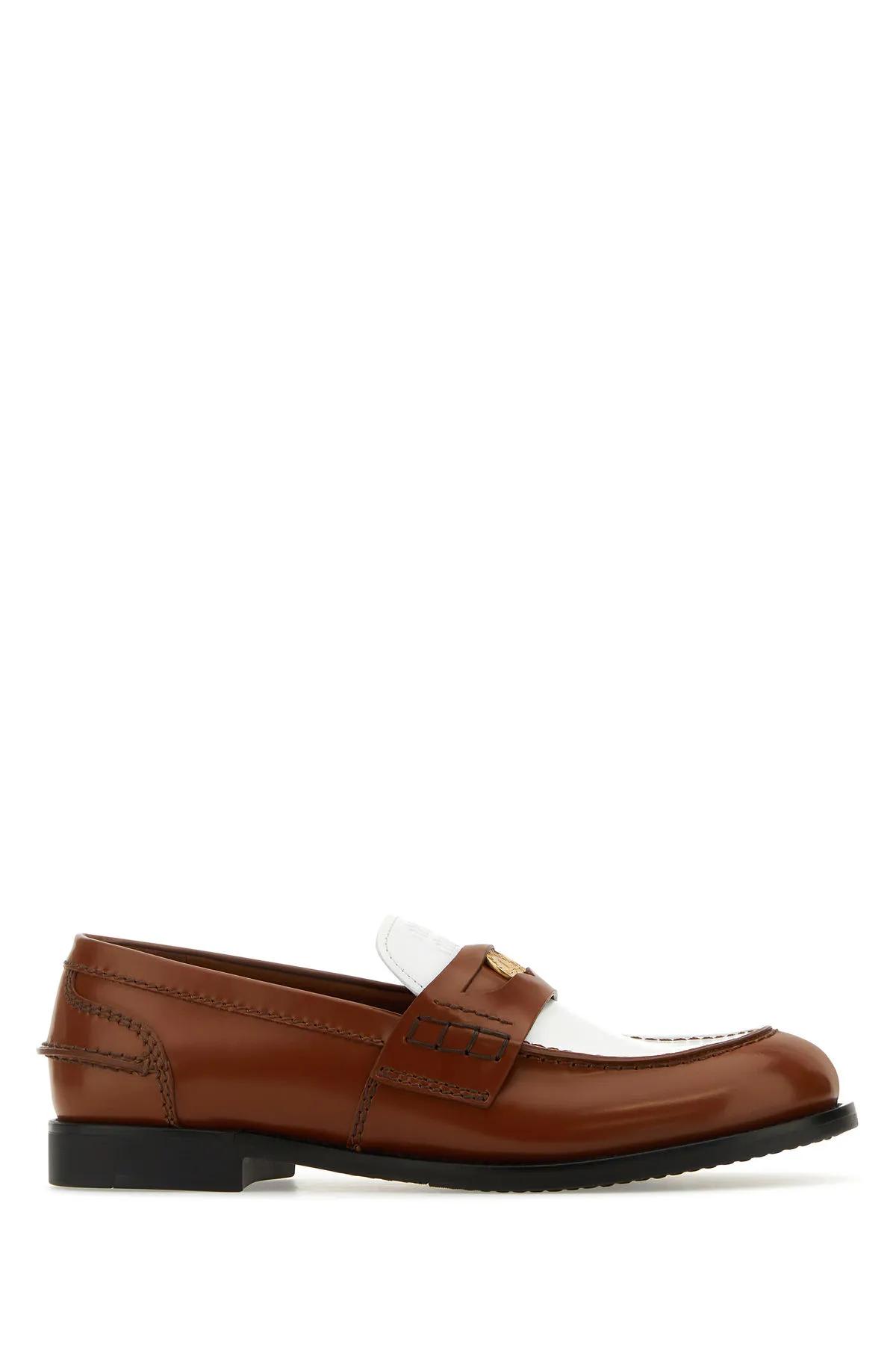 Miu Miu Two-tone Leather Penny Loafers In Cognac+bianco