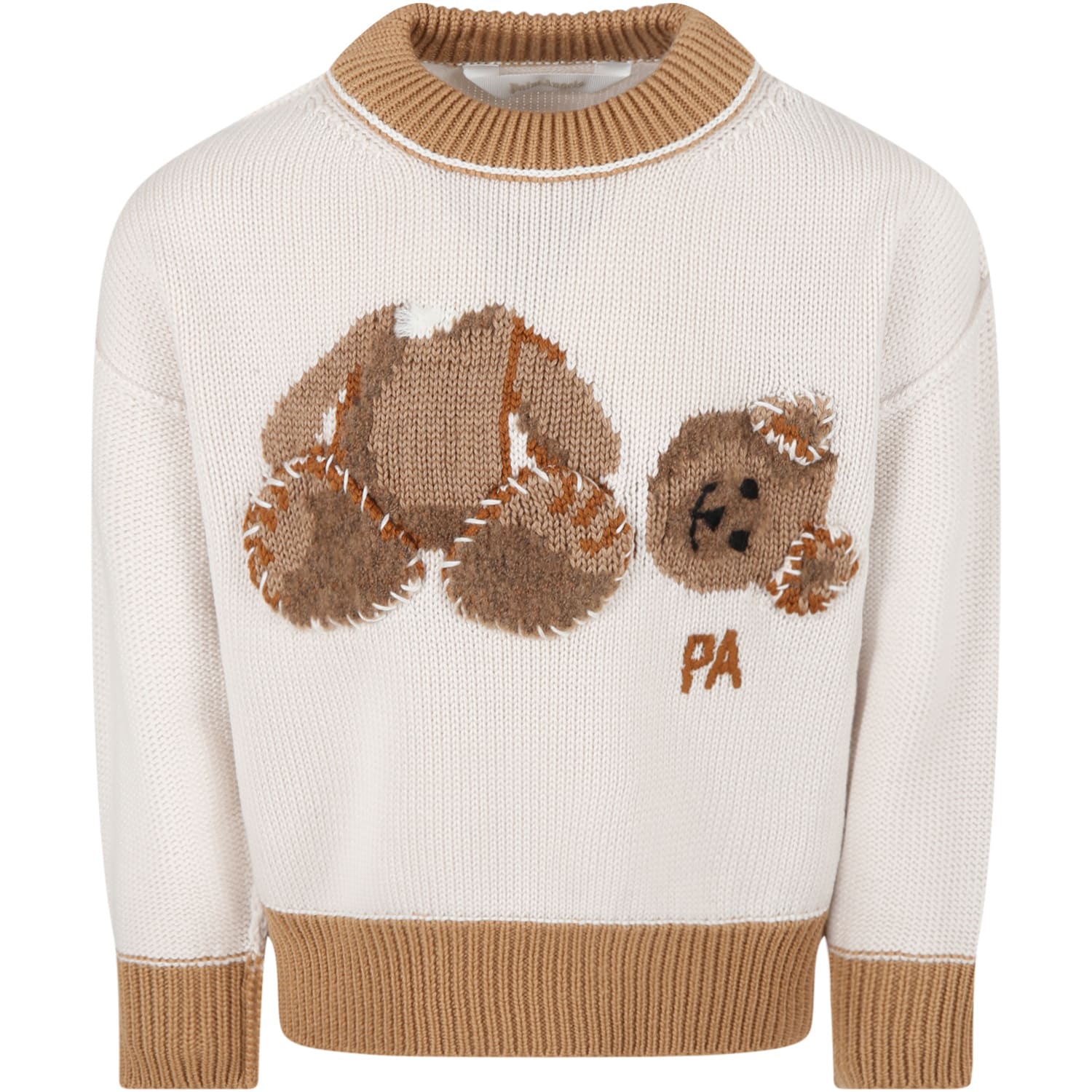 Palm Angels Ivory Sweater For Kids With Bear And Logo