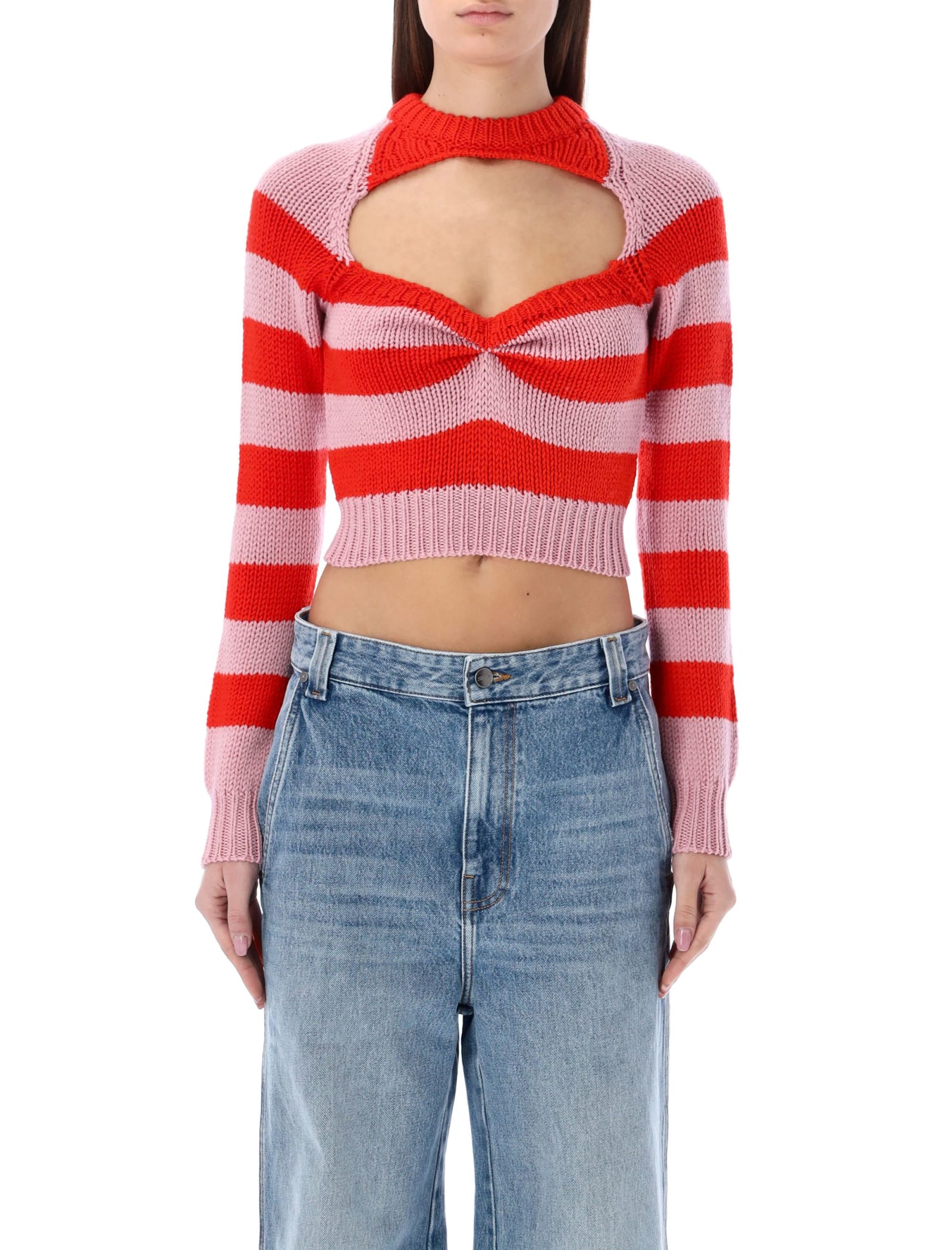 Marni Cropped Wool Sweater With Pink And Red Stripes In Cinder Rose