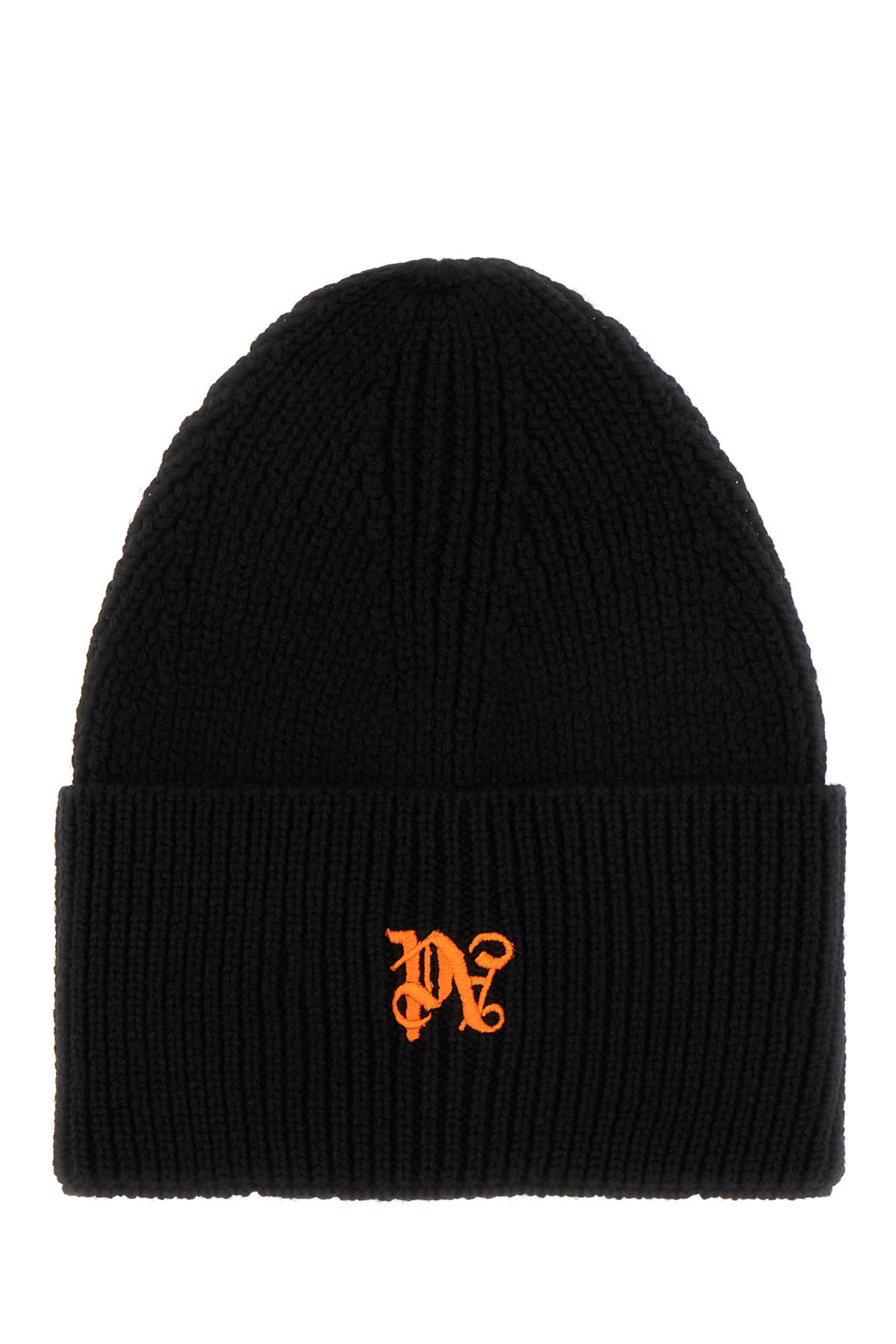 Shop Palm Angels Black Wool Beanie Hat In Black Light Orange