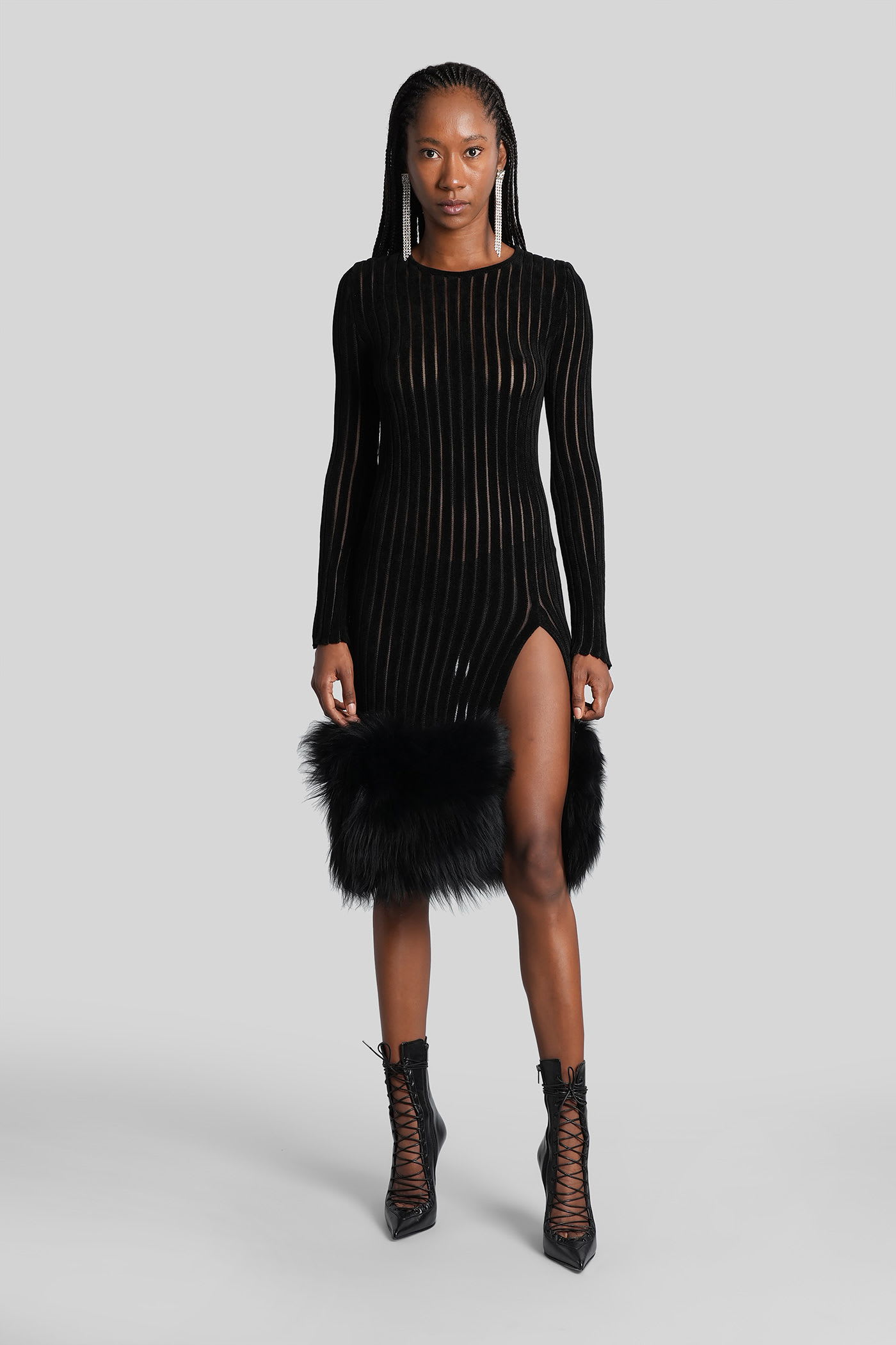 Blumarine Knit Faux Fur-trimmed Midi Dress In Black