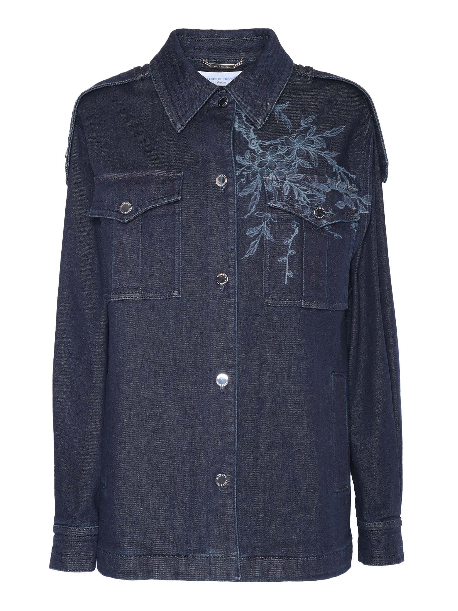 Shop Alberta Ferretti Blue Denim Jacket With Embroidery