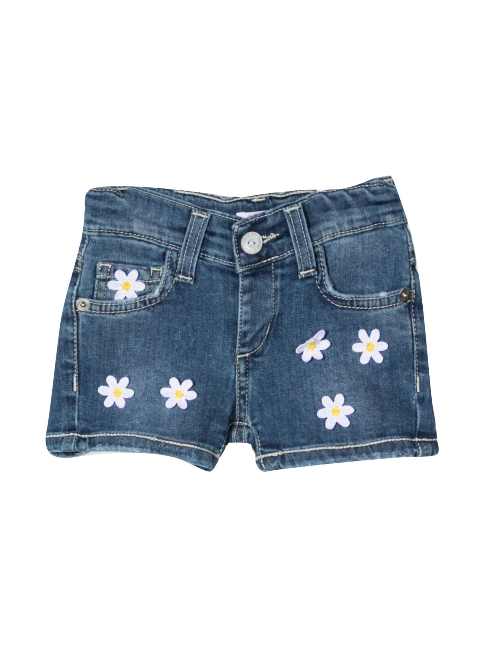 Lebebé Denim Shorts With Floral Embroidery In Blu