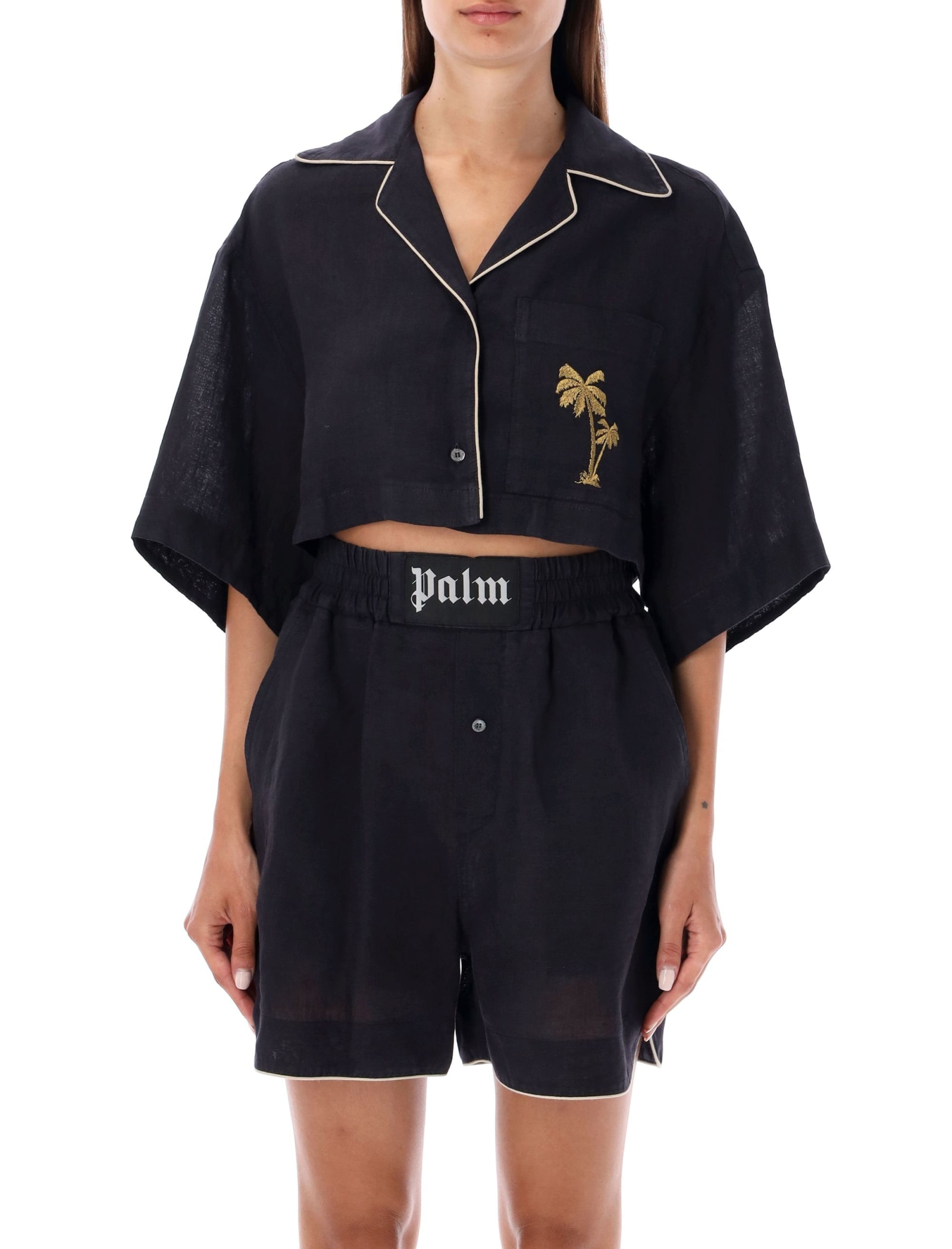 Palm Angels Palm Embroidered Cropped Bowling Shirt In Black/gold