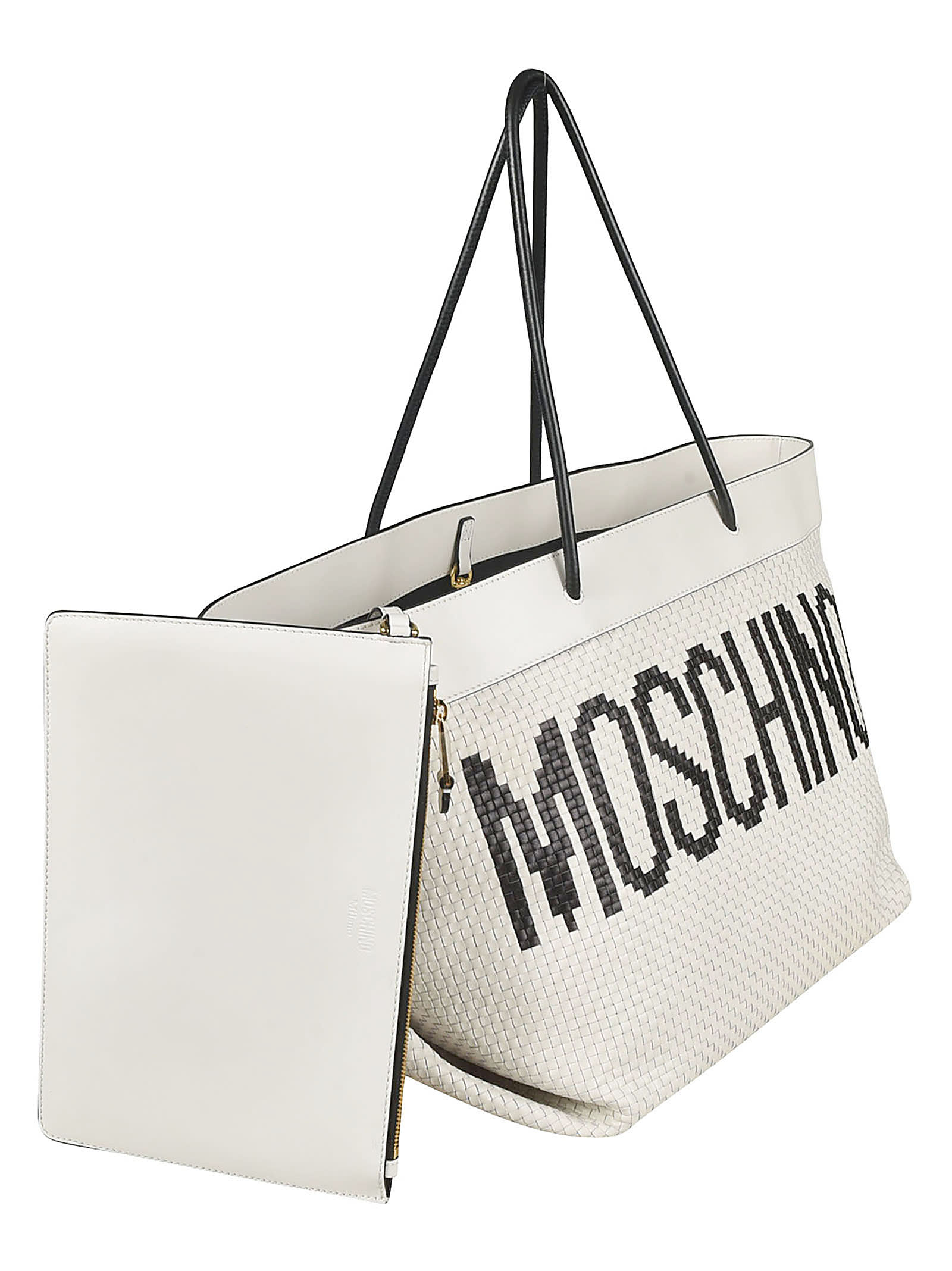 Shop Moschino Woven Logo Tote In White