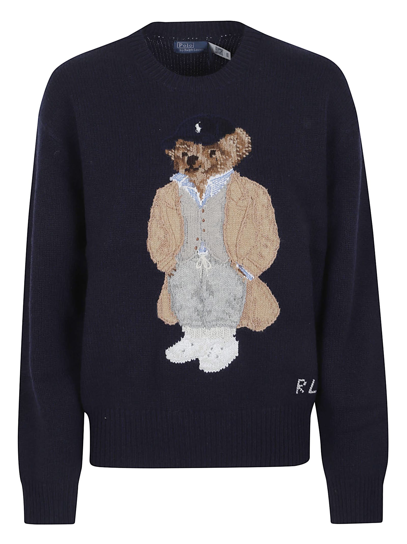 Polo Ralph Lauren Blue Crewneck Sweater With Maxi Logo Bear On The Front In Wool And Cashmere Woman In Blue