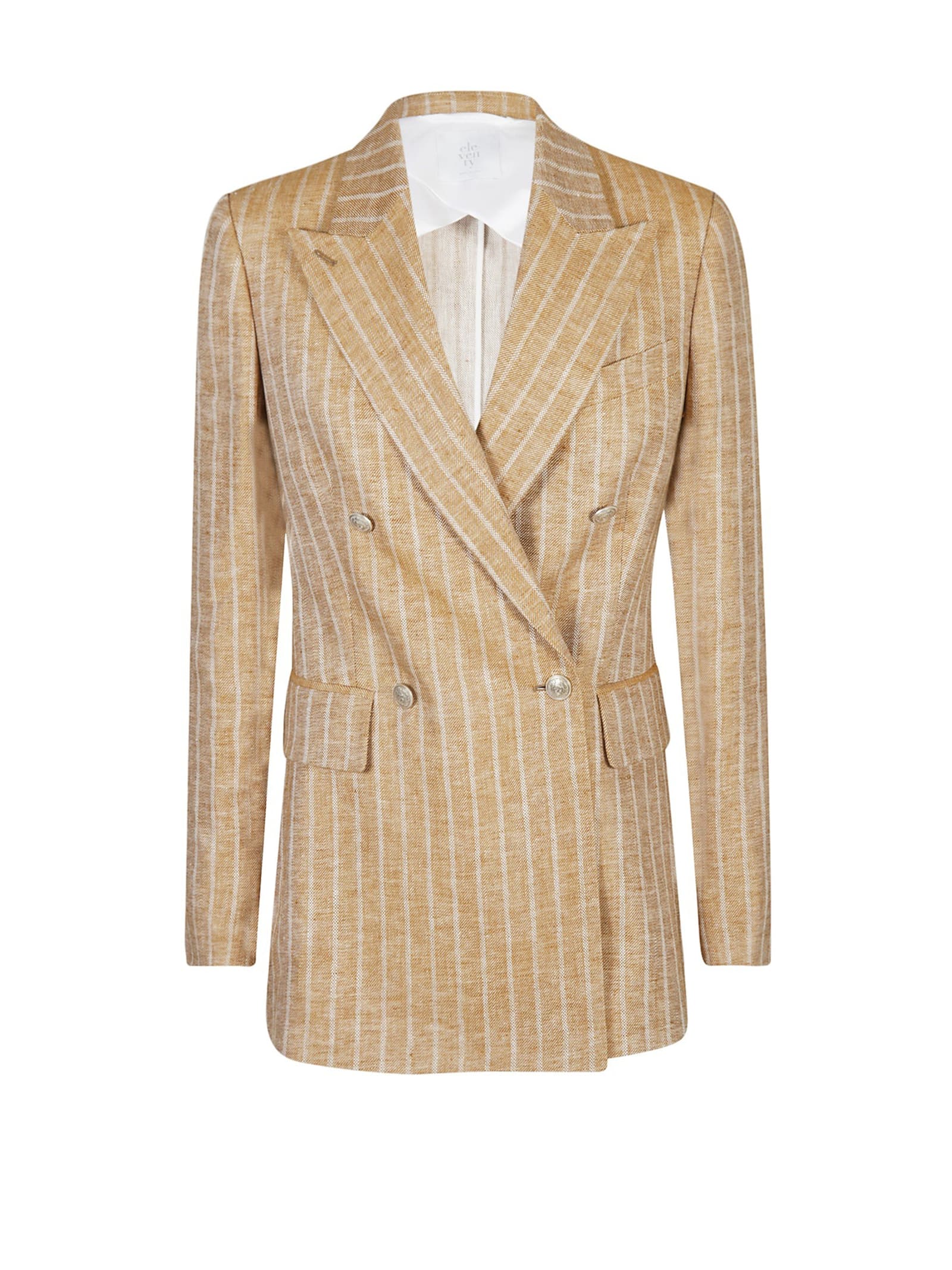 Shop Eleventy Double-breasted Striped Linen Jacket In Terracotta