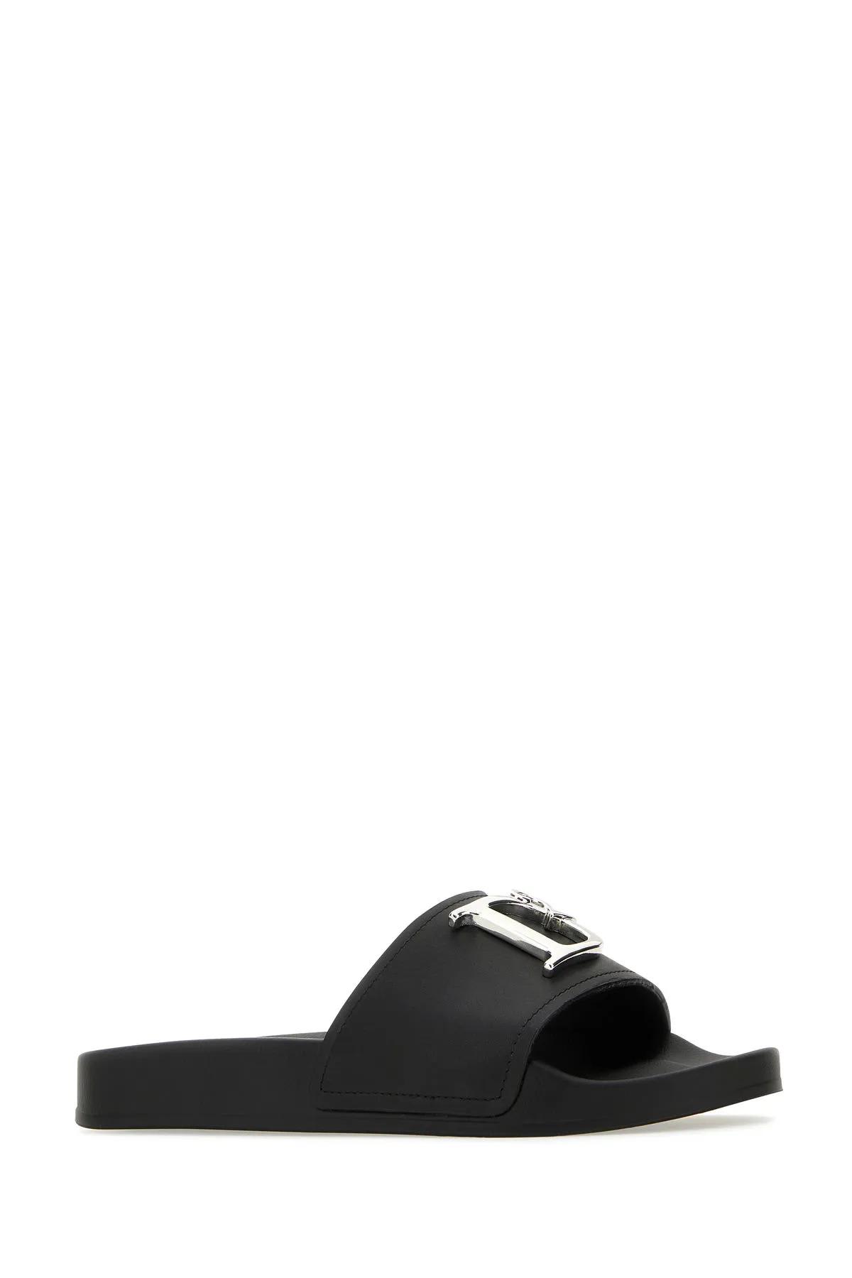 Dsquared2 Black Leather D2 Statement Slippers In Nero