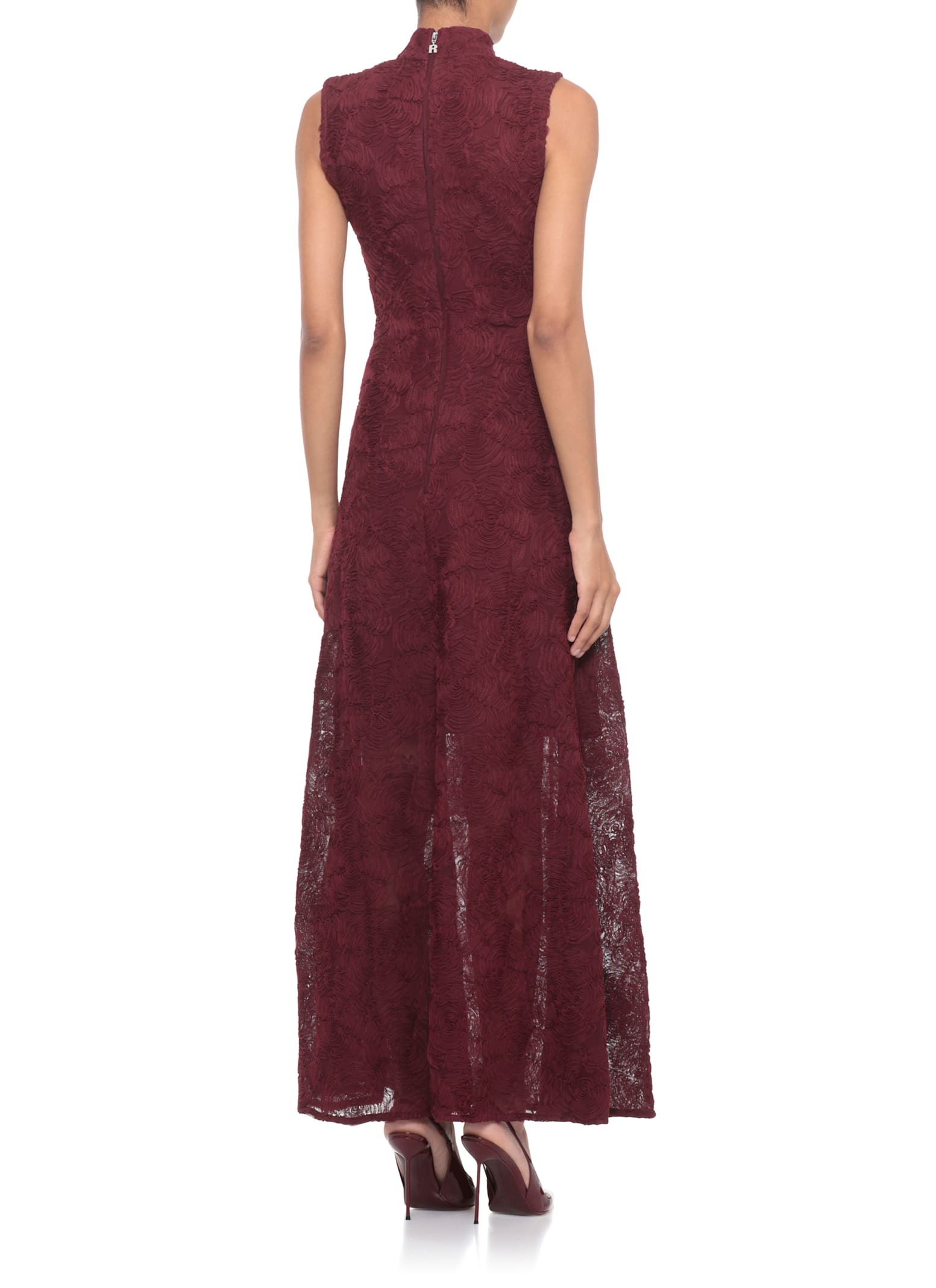 Rotate Birger Christensen Flared Tulle Dress With Intricate Rose Detailing In Burgundy