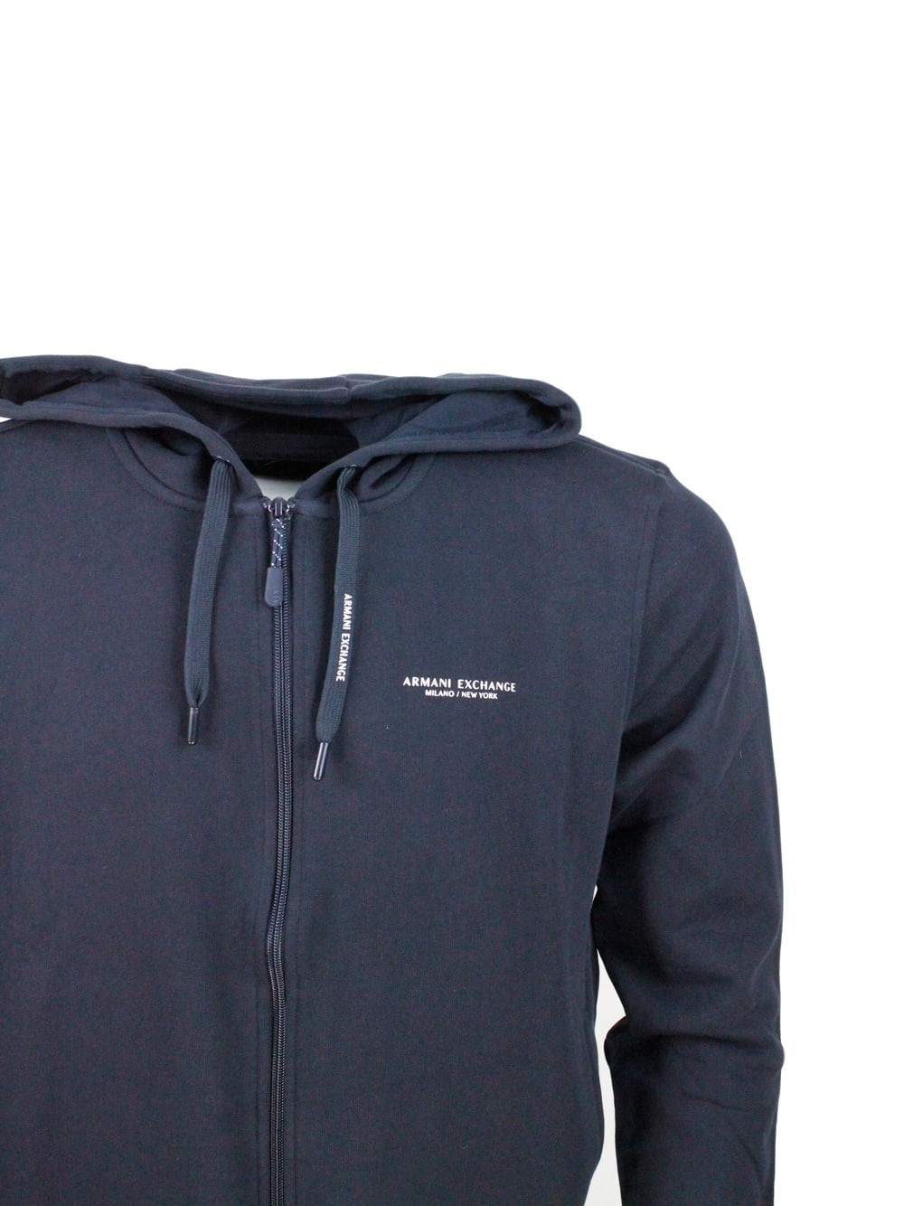 Shop Armani Collezioni Long-sleeved Full Zip Drawstring Hoodie With Small Logo On The Chest In Blu