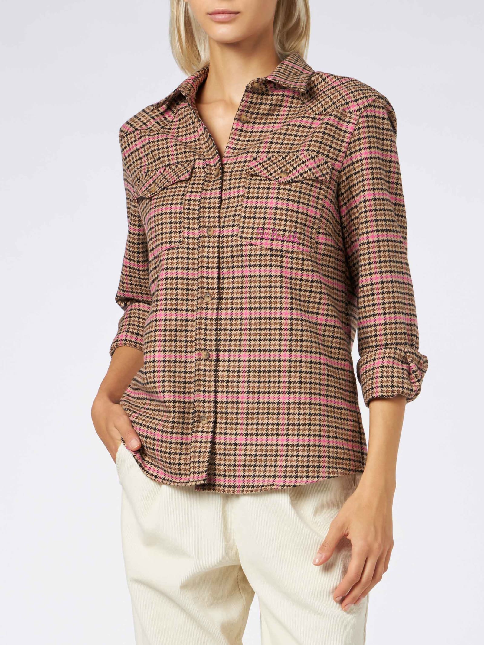 Shop Mc2 Saint Barth Woman Overshirt With Pied De Poule Print In Brown