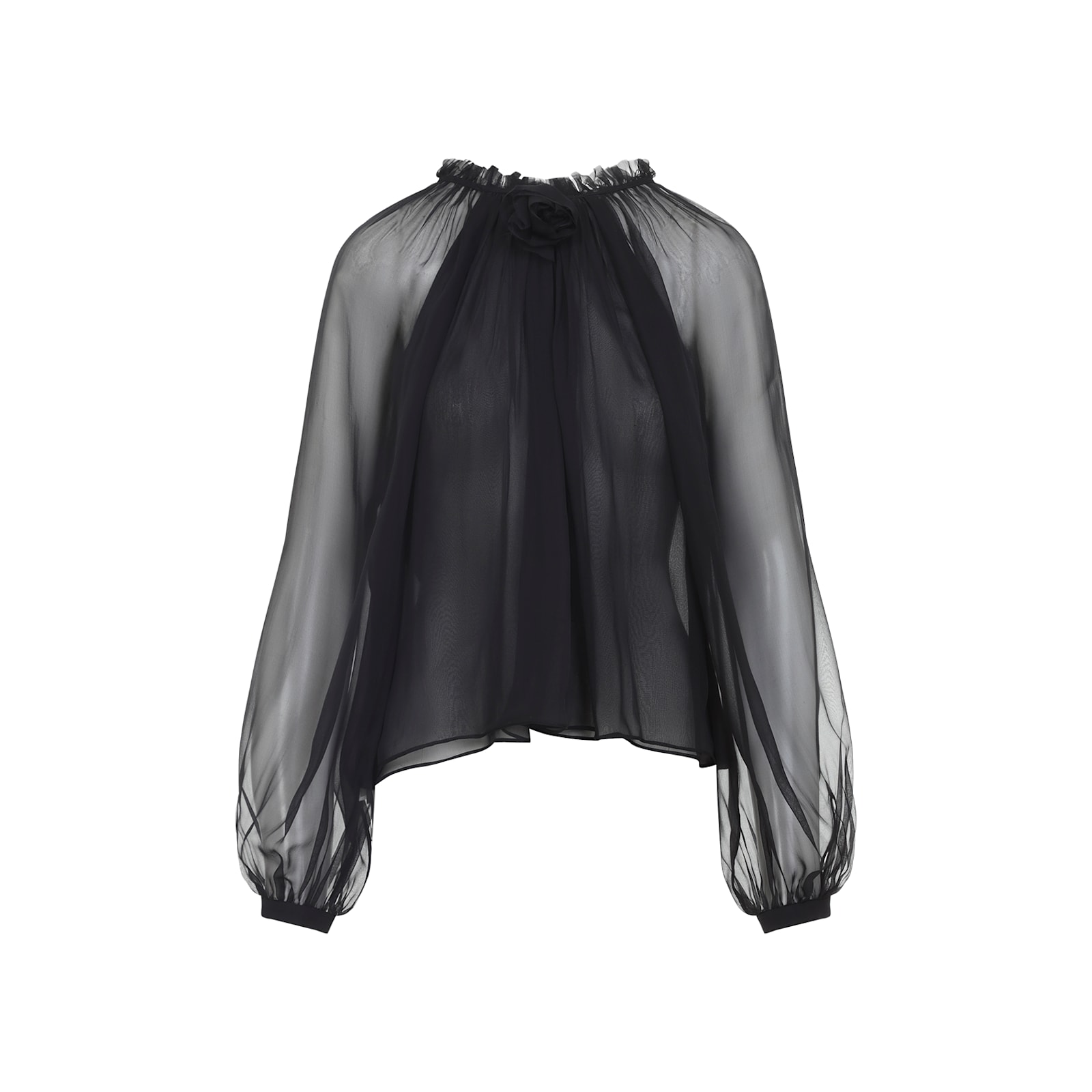 Alberta Ferretti Long Sleeve Sheer Blouse With Ruffles And Flowers In Black