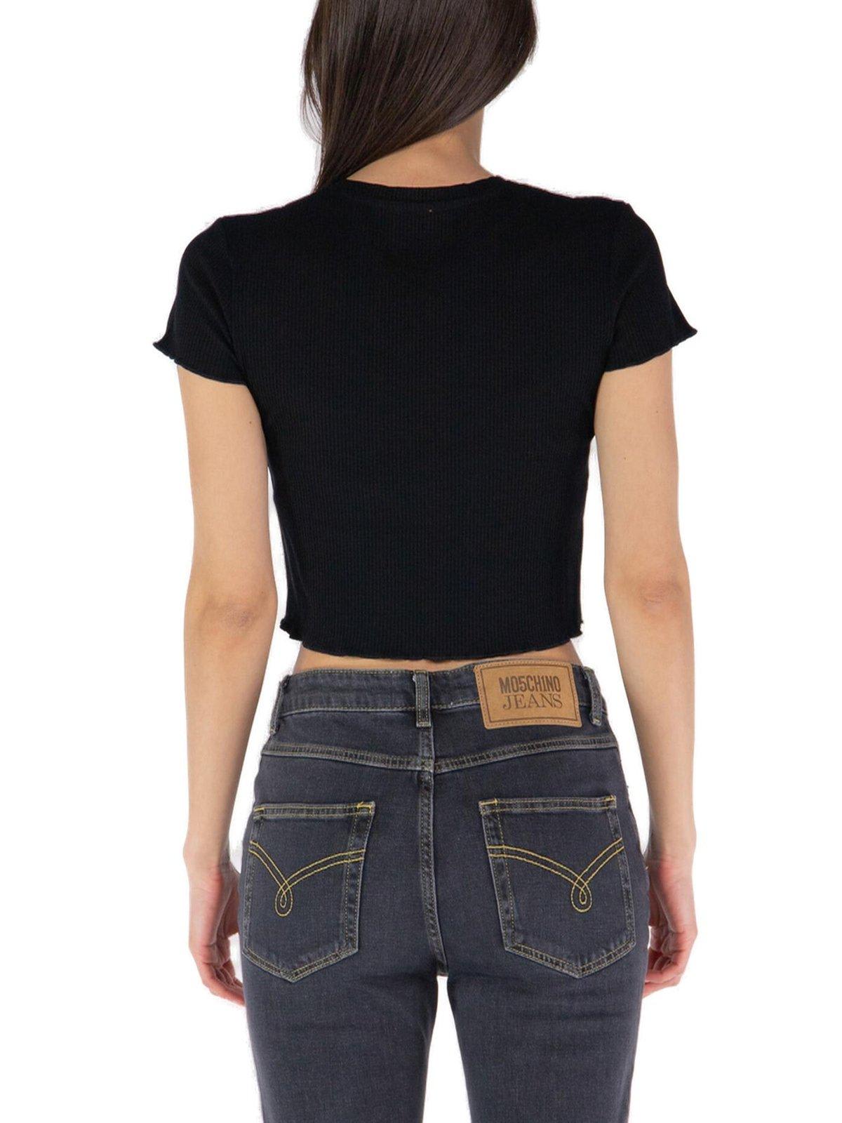 Shop Moschino Jeans Lettuce Hem Cropped T-shirt In Black