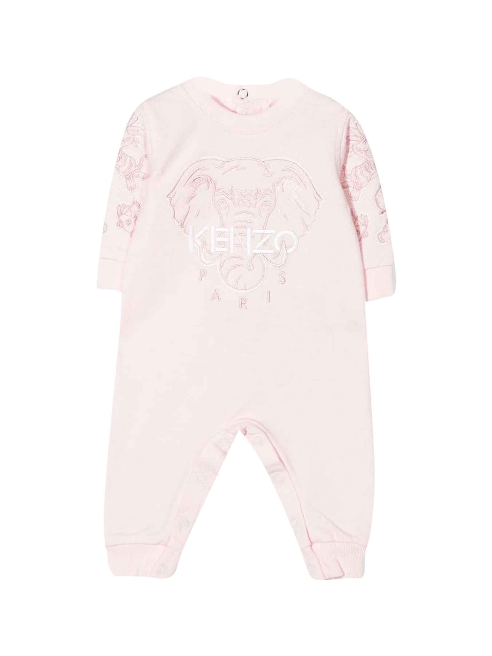 Kenzo Kids Pink Baby Girl Romper With Elephant Embroidery And Front Logo, Ribbed Finish, Round Neckline, Back Closure With Button And Long Sleeves By.