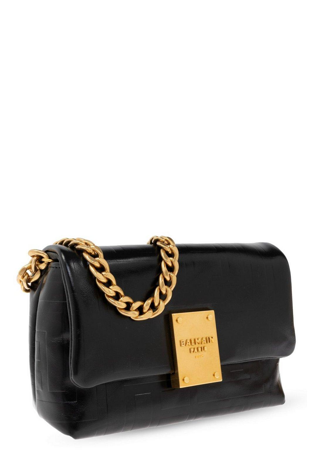 Shop Balmain Logo Embossed Flap Small Shoulder Bag In Pa Noir