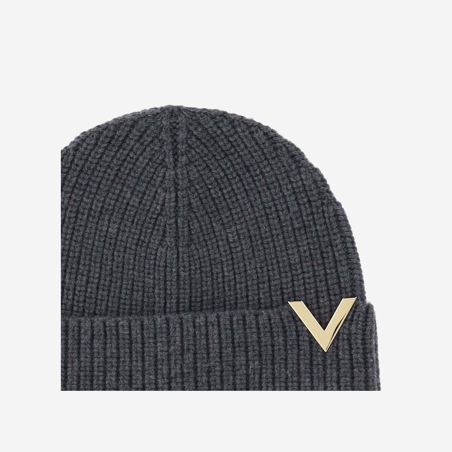 Shop Valentino Beanie With Metal Logo In Grey