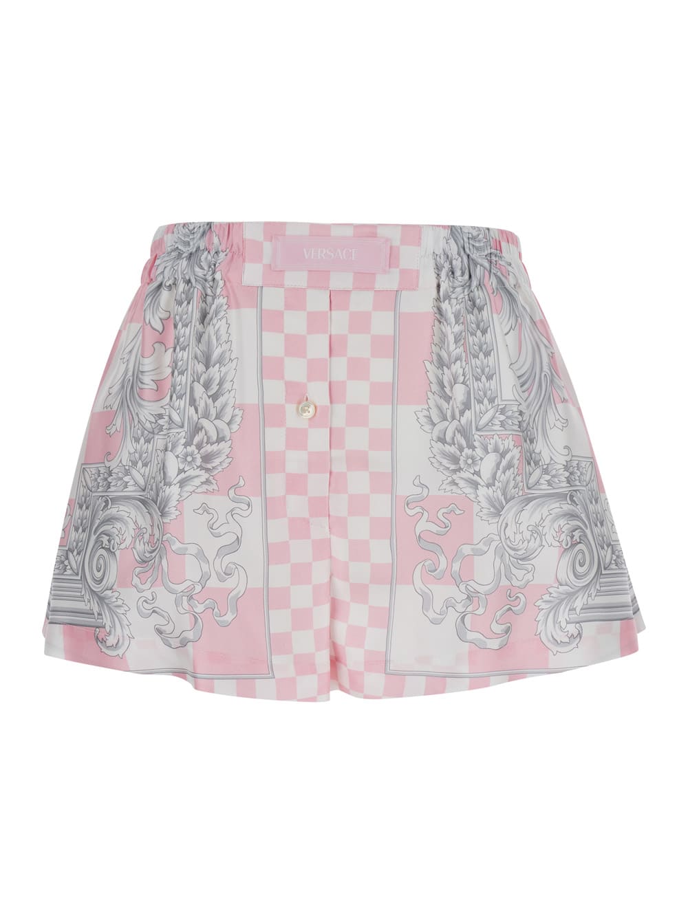 Shop Versace Pink Bermuda Shorts With Baroque Chessboard Print In Silk Woman