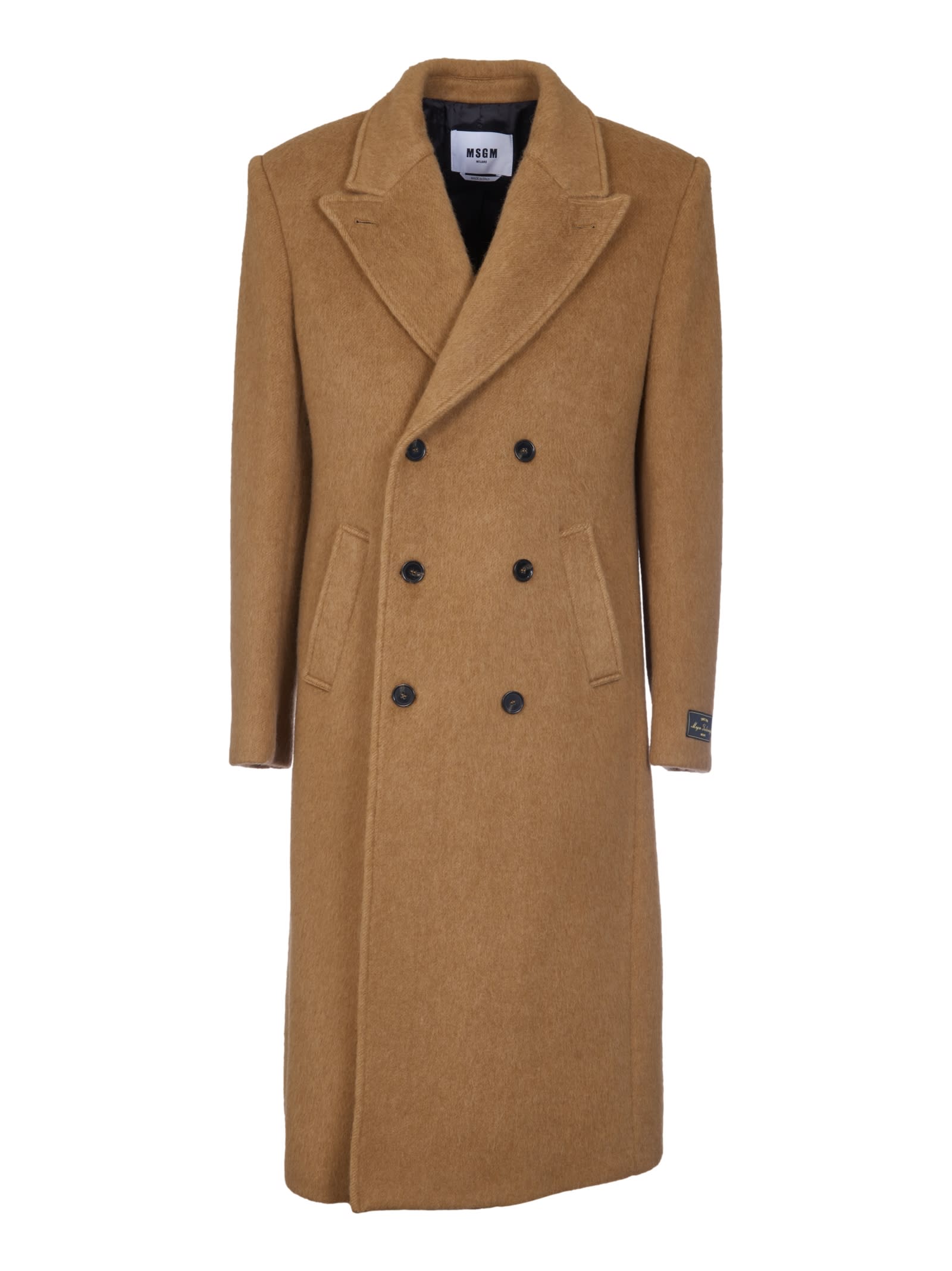 Shop Msgm Rear Slit Double-breasted Long Coat In Camel