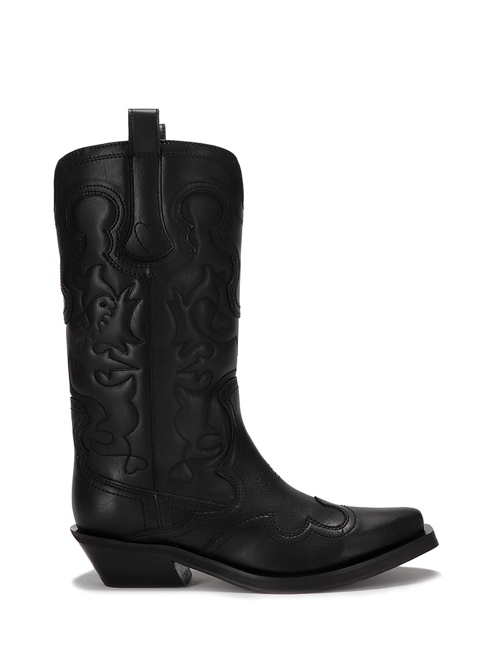 Shop Ganni Mid Shaft Embroidered Western Boot In Black/black