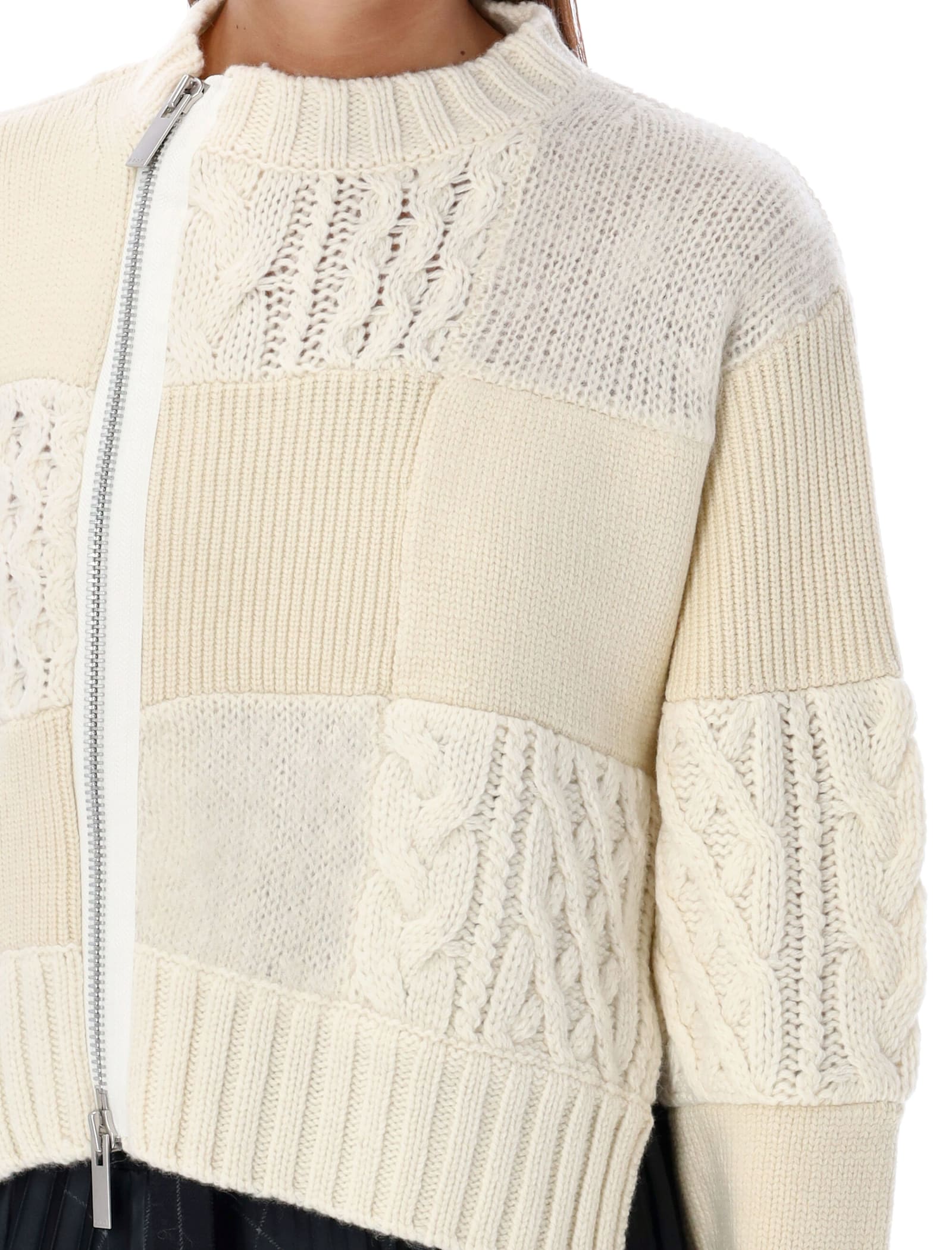 Shop Sacai Cable Knit Zippered Cardigan In Off White