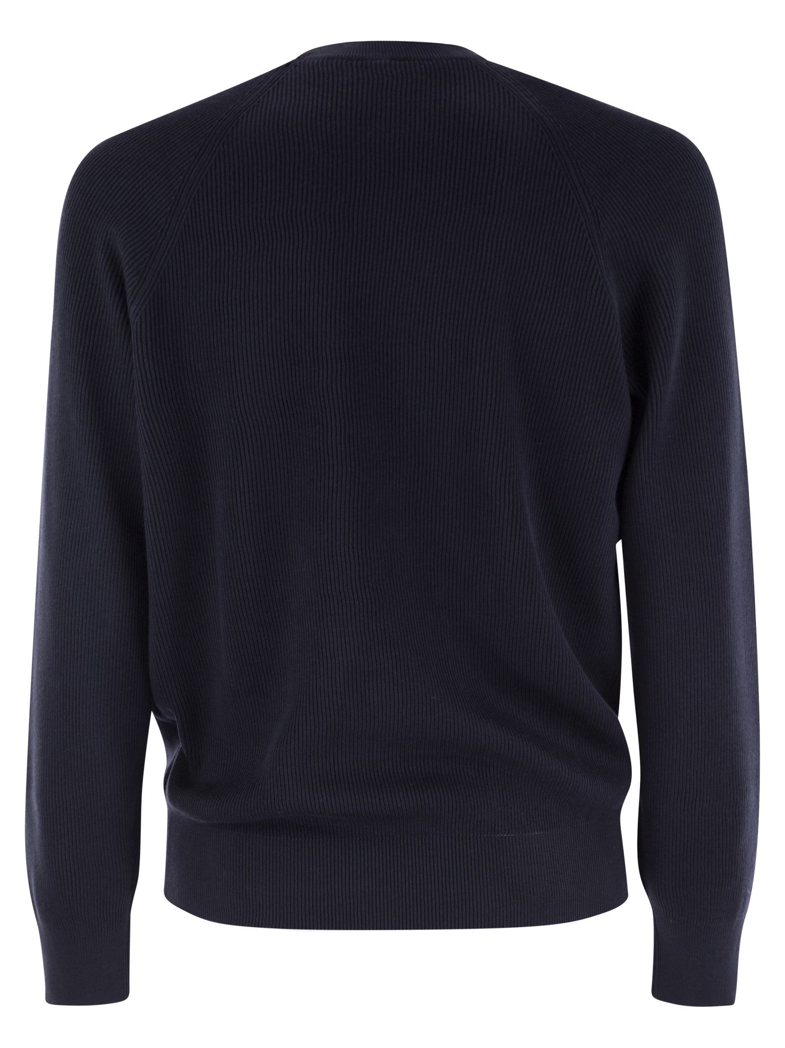 Shop Brunello Cucinelli Cotton Rib Sweater With Raglan Sleeve In Navy