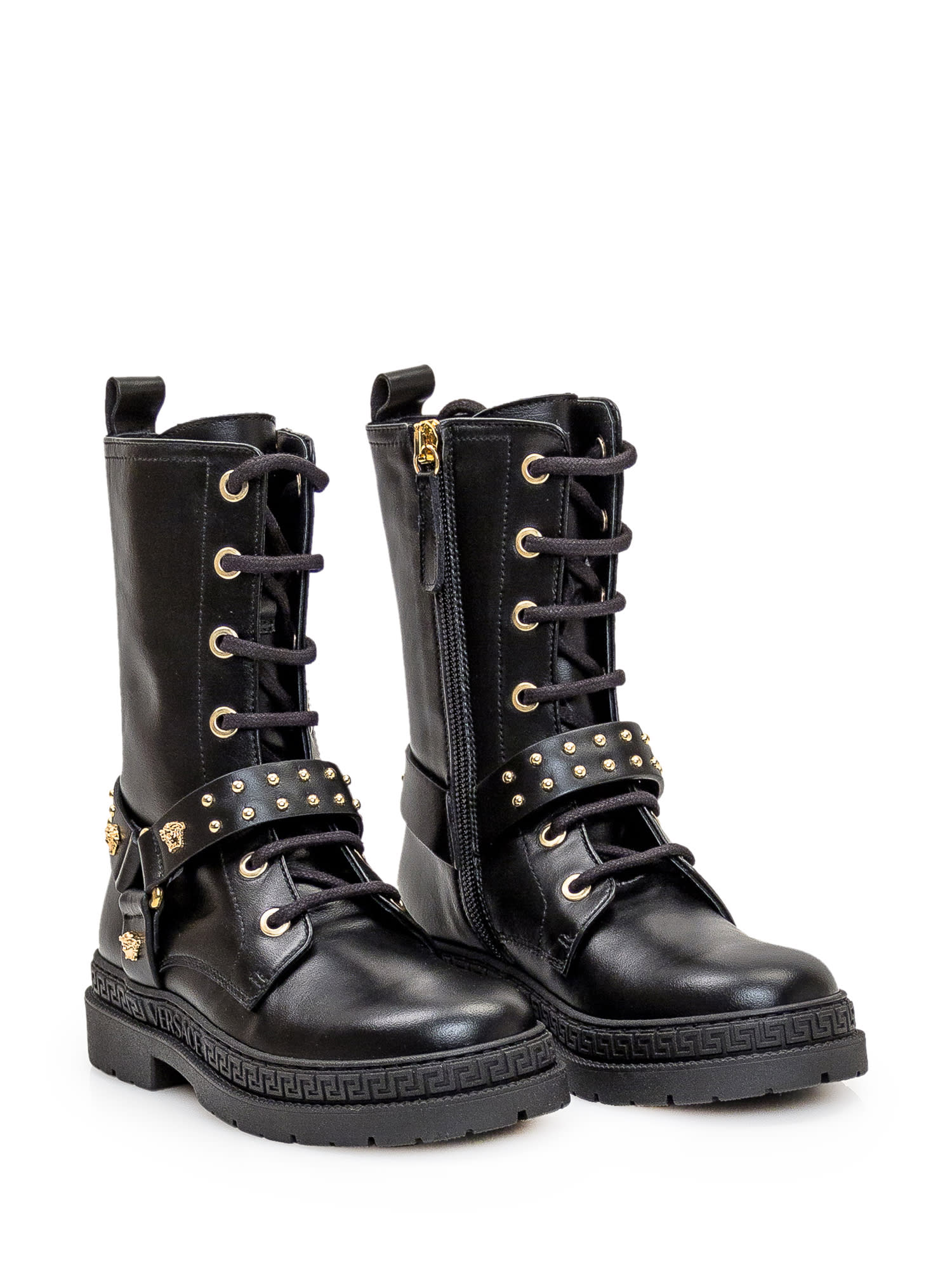 Shop Versace Motorcycle Boots From Medusa In Black- Gold