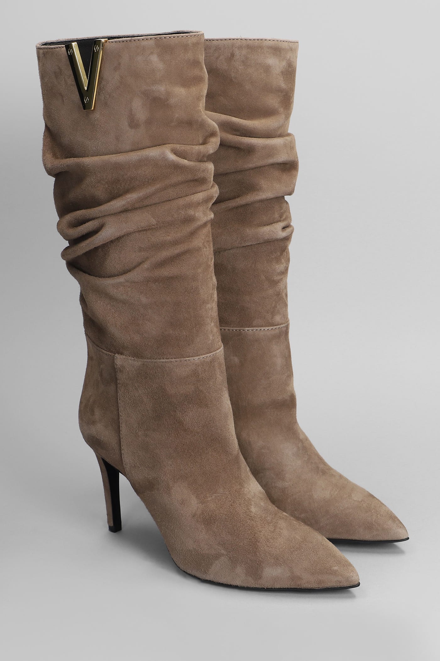 Shop Via Roma 15 High Heels Boots In Taupe Suede