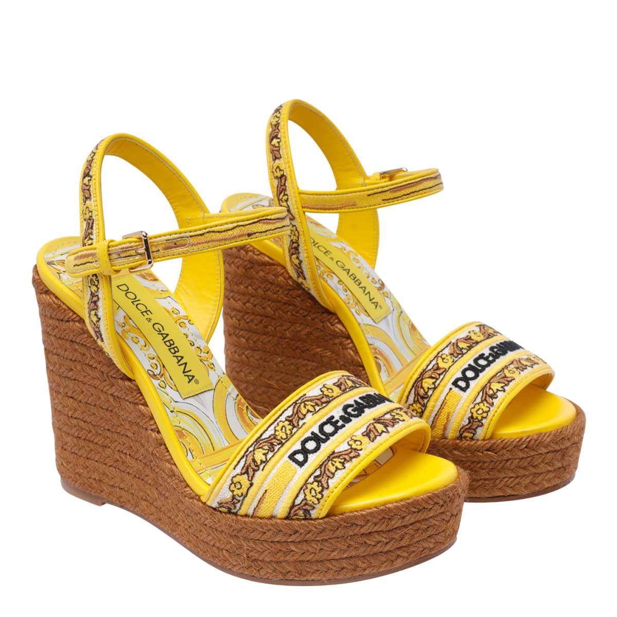 Shop Dolce & Gabbana Maiolica Print Logo Charmeuse Wedged Sandals In Giallo