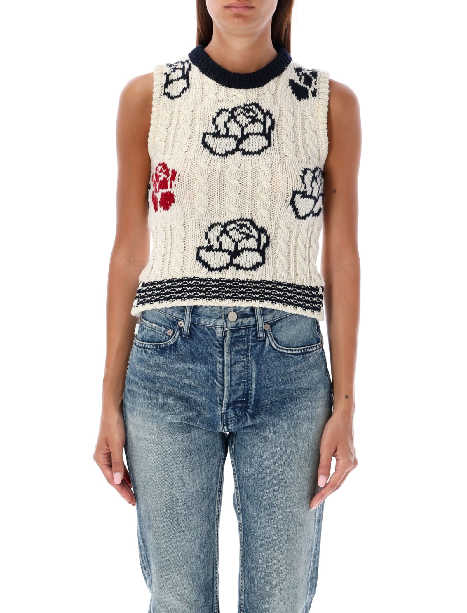 Shop Thom Browne Cropped Rose Intarsia Knit In White