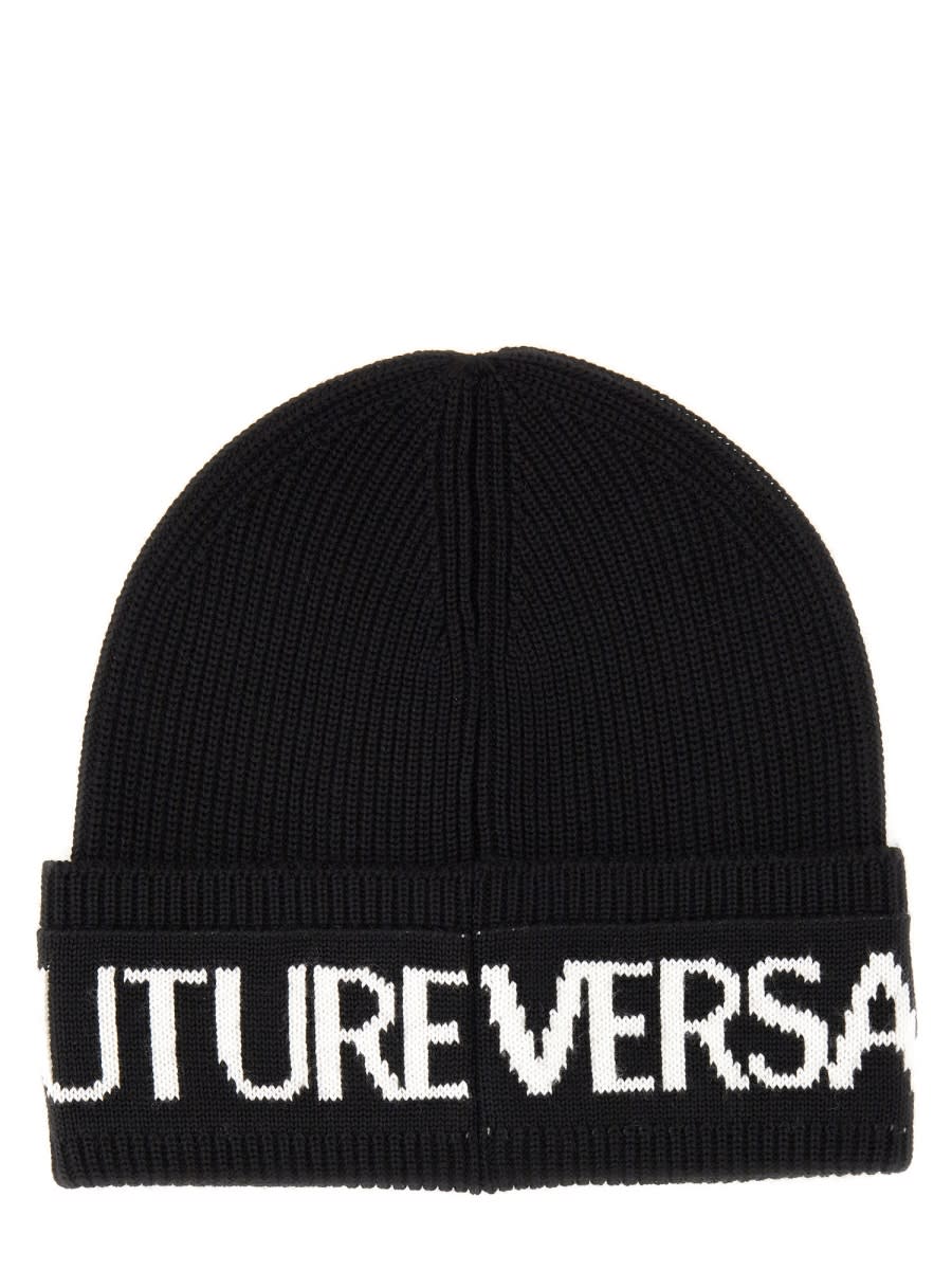 Shop Versace Jeans Couture Beanie Hat With Logo In Black