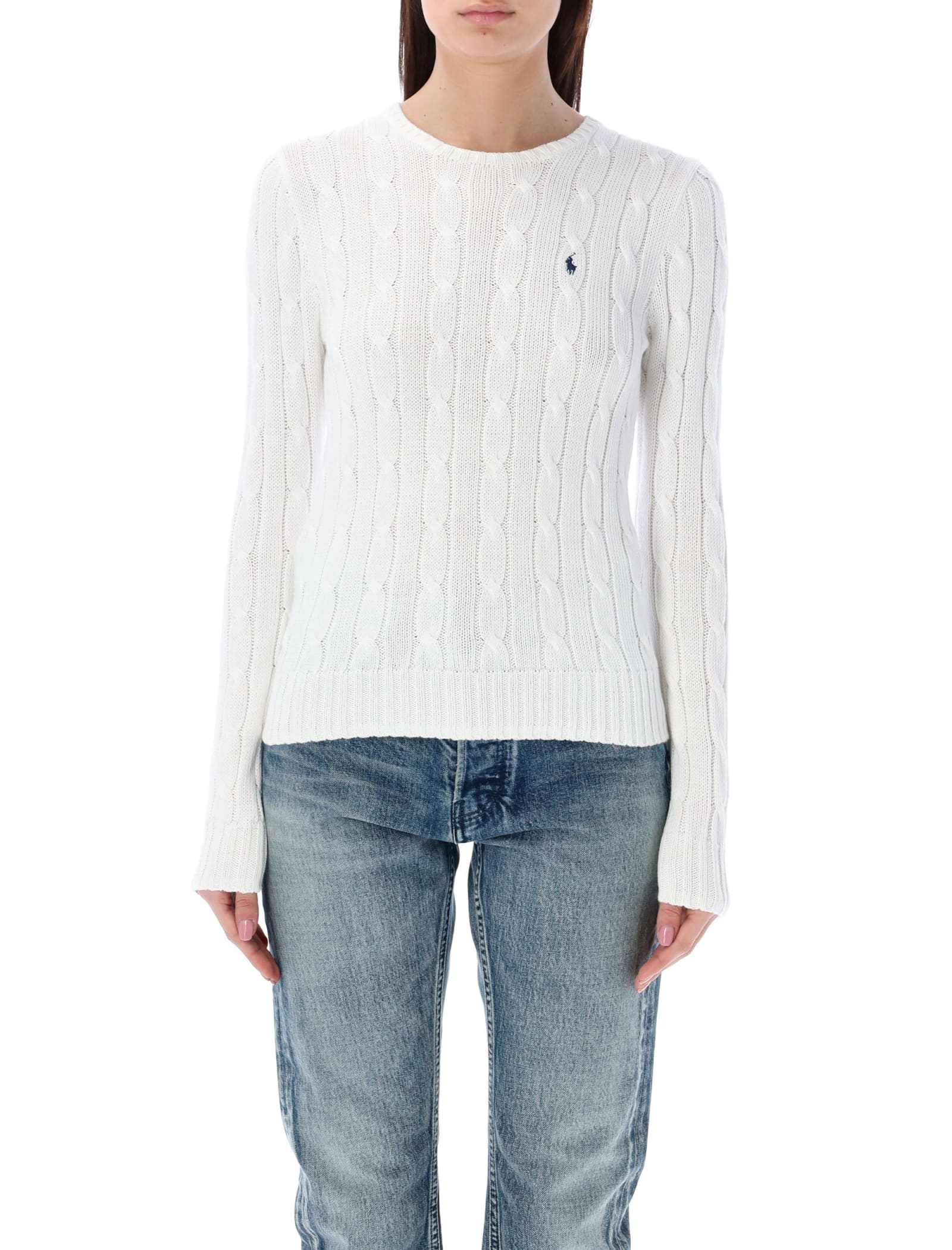 Shop Polo Ralph Lauren Cable-knit Cotton Crewneck Sweater In White