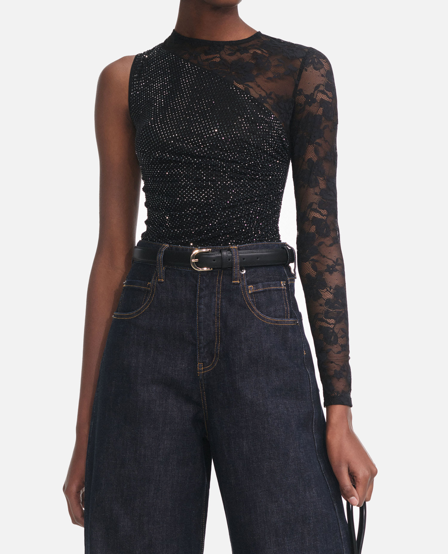 Black Rhinestone Lace Sleeve Top