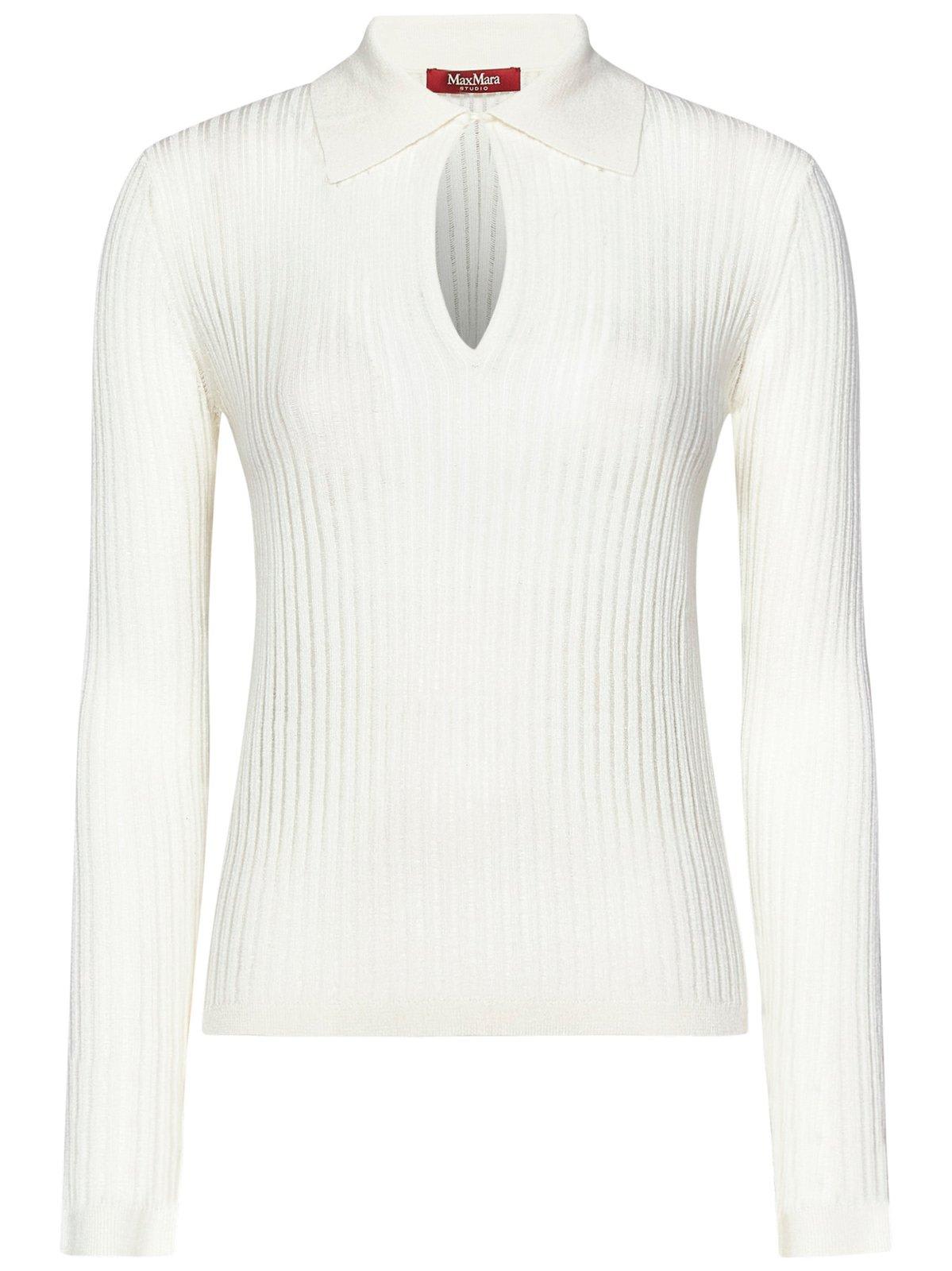 Max Mara Long-sleeved White Silk And Wool Knit Polo In White