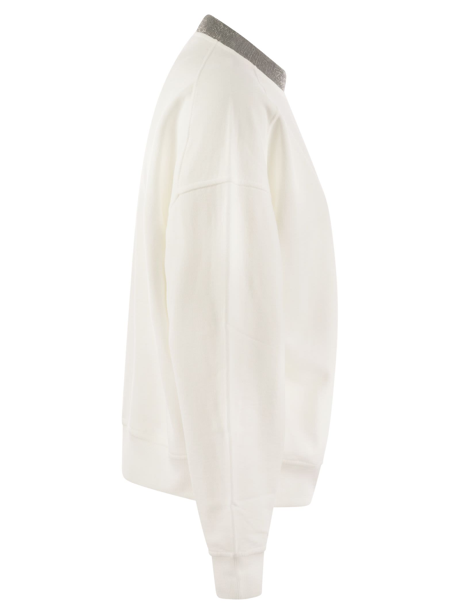 Shop Brunello Cucinelli Smooth Cotton Fleece Topwear With Ribbed Collar Precious In White