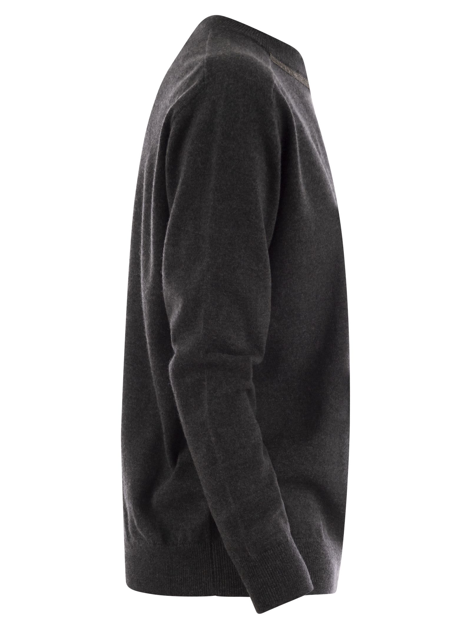 Shop Brunello Cucinelli Cashmere Sweater With Neck Jewel In Anthracite