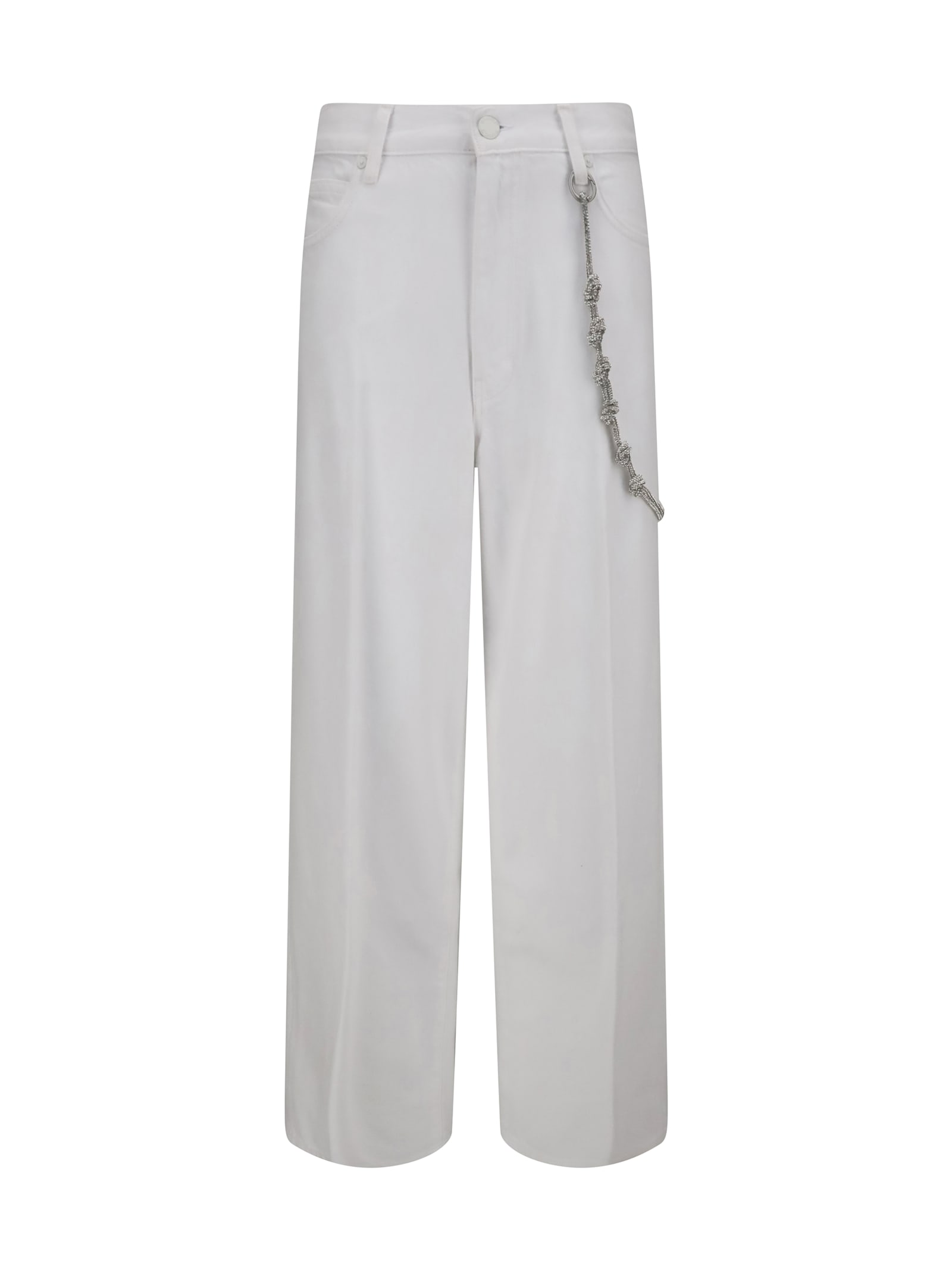 Pinko White Pants With Logo Patch On The Back And Chain Detail With Rhinestones