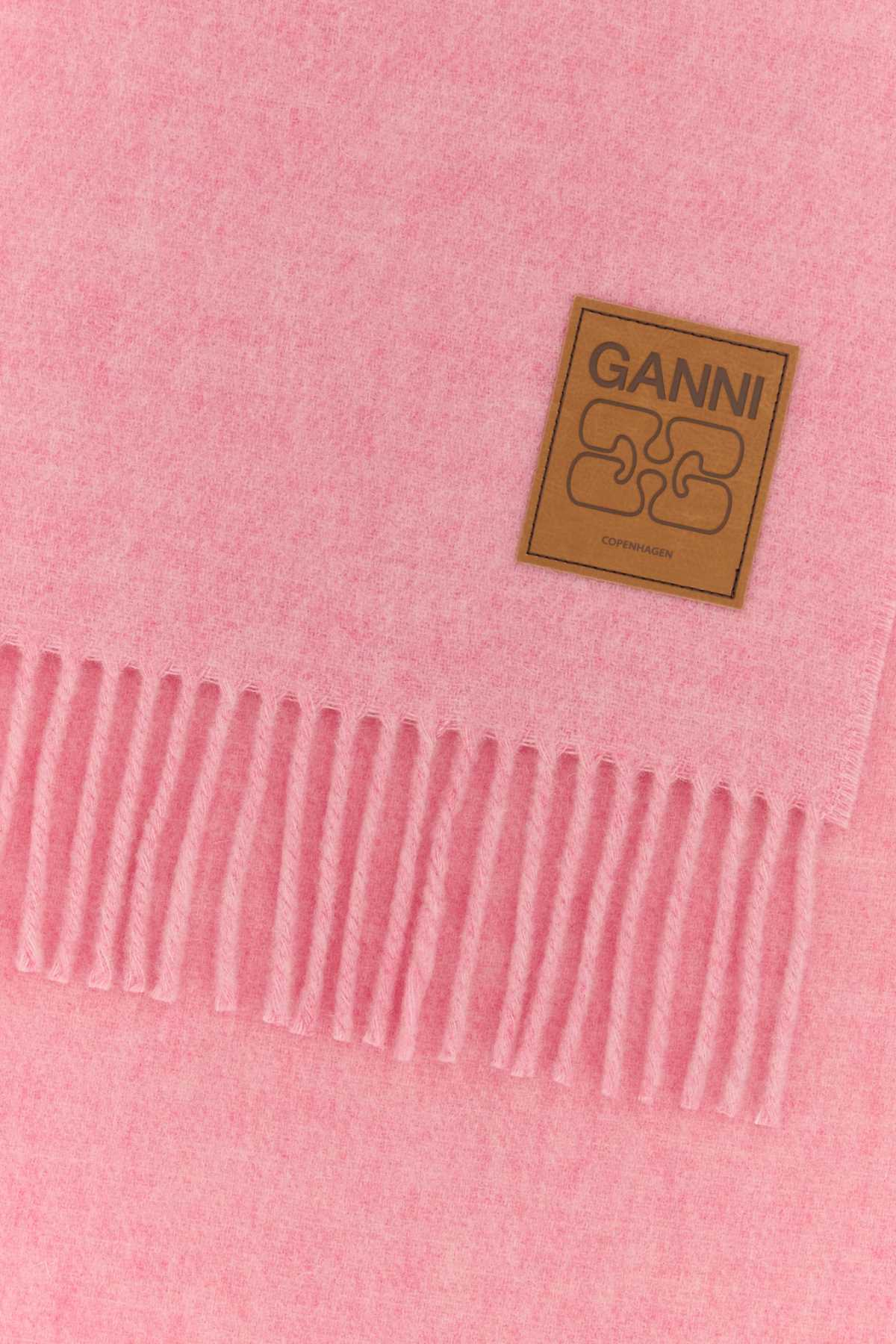 Ganni Soft Wool Scarf Fringed Edges In Pink