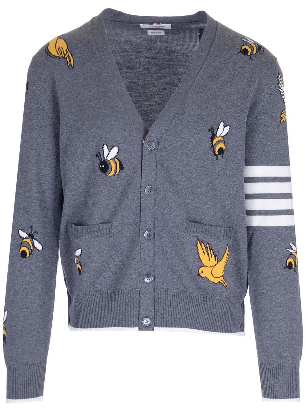 Thom Browne Birds And Bees Knitted Wool Cardigan In Grey