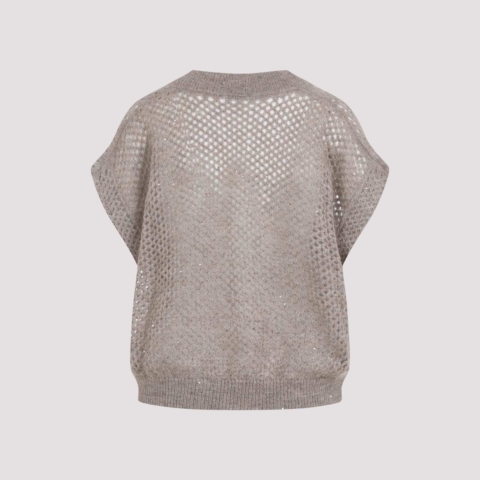 Brunello Cucinelli Openwork Knit Design Vest With Sequins In Neutral