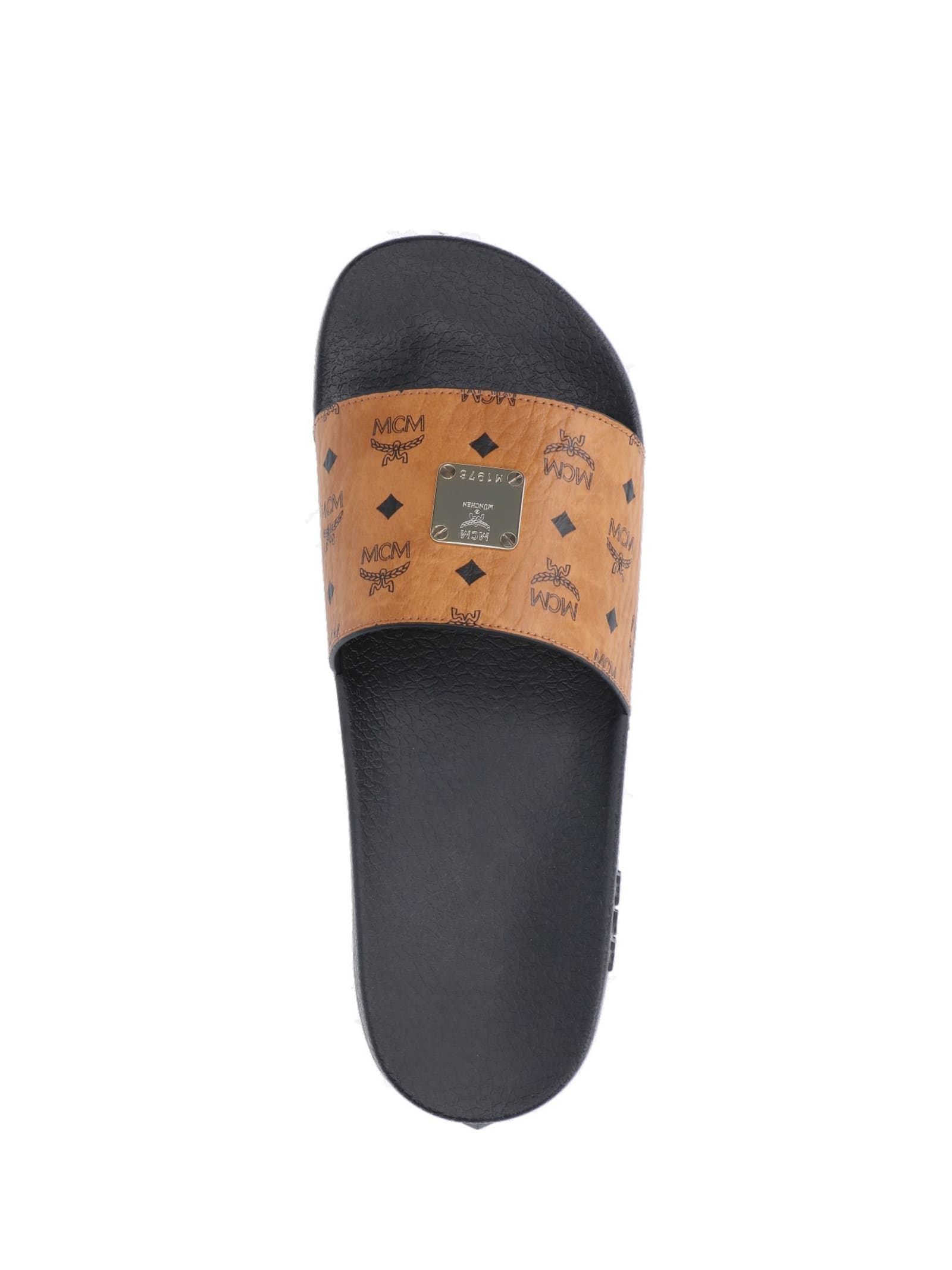Shop Mcm Slipper With Logo Band In Cognac