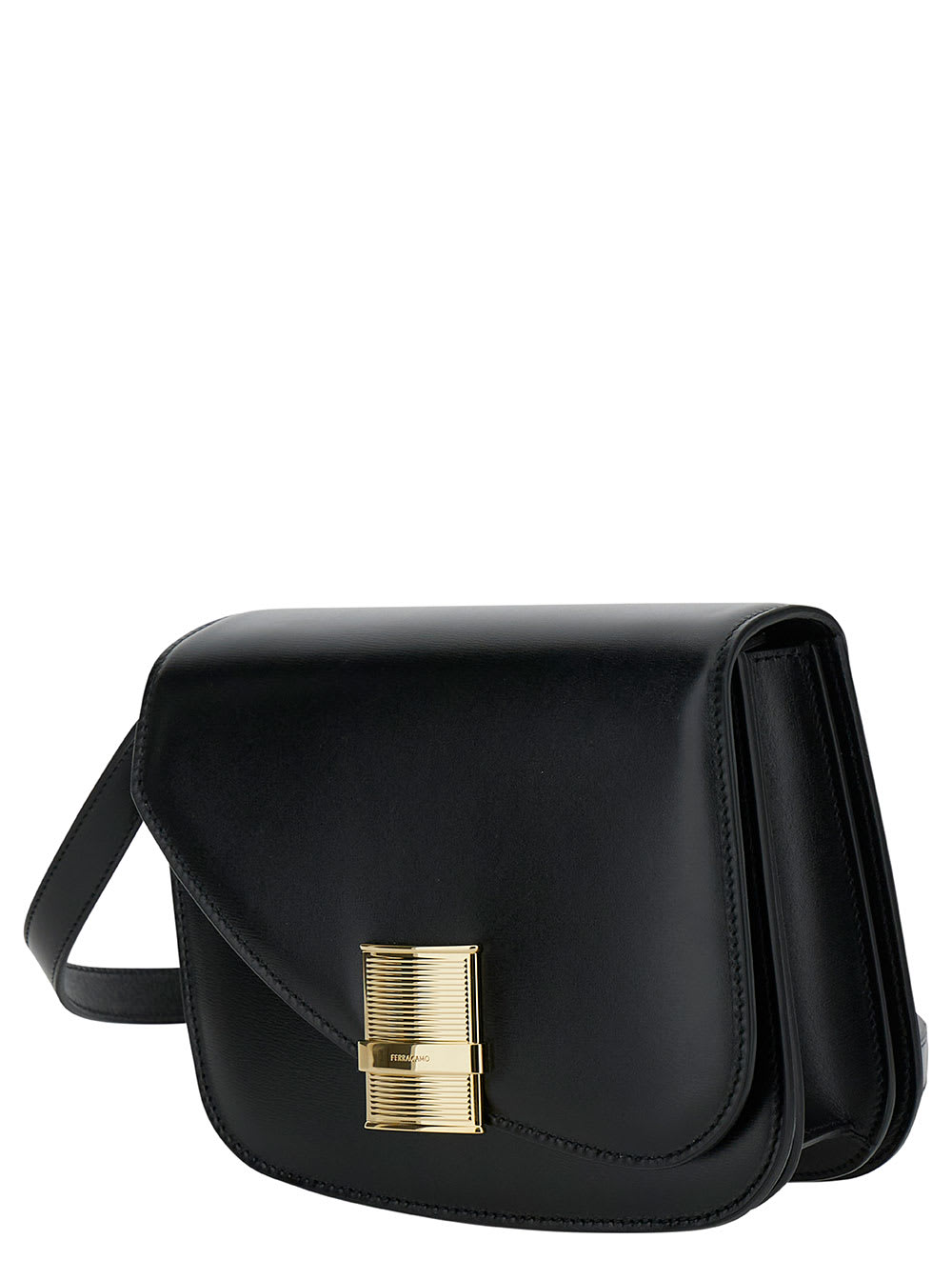 Shop Ferragamo Fiamma S Black Shoulder Bag With Logo Detail And Oblique Flap In Leather Woman