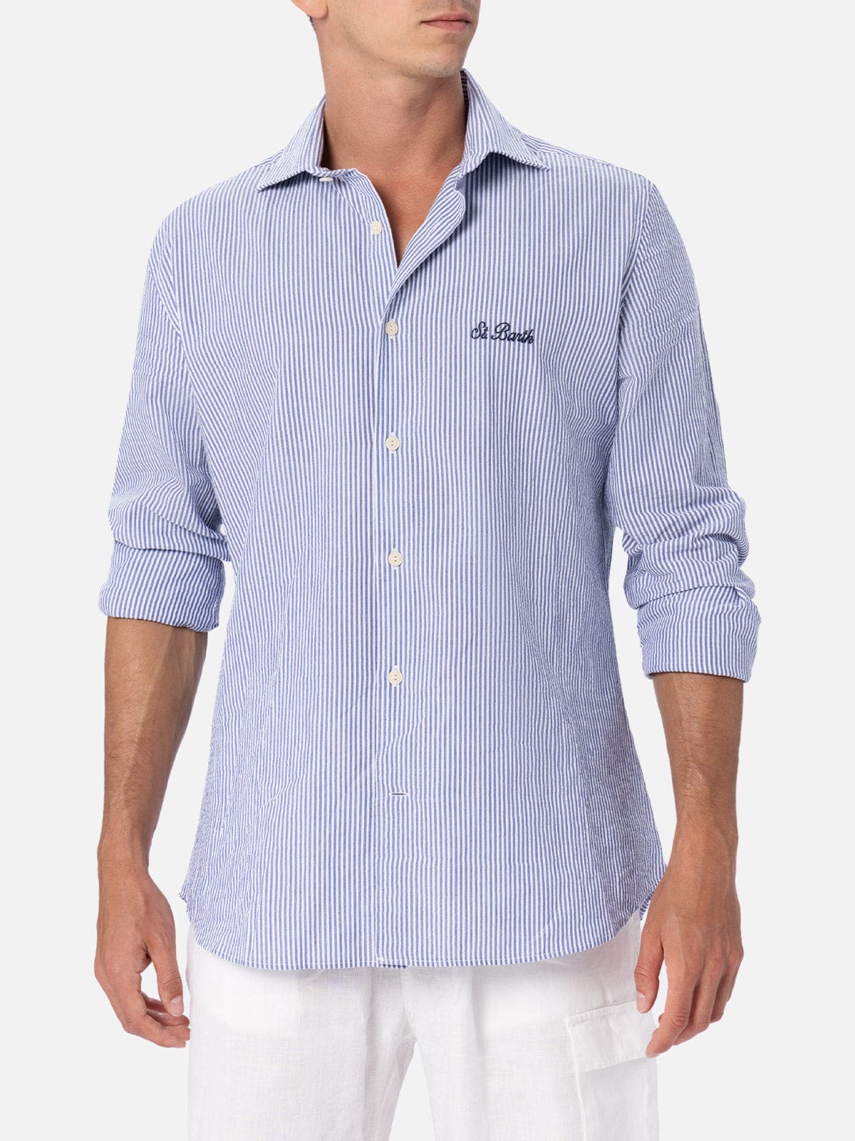 Shop Mc2 Saint Barth Man Seersucker Cotton Shirt Pamplona With Bluette Stripes In Sky