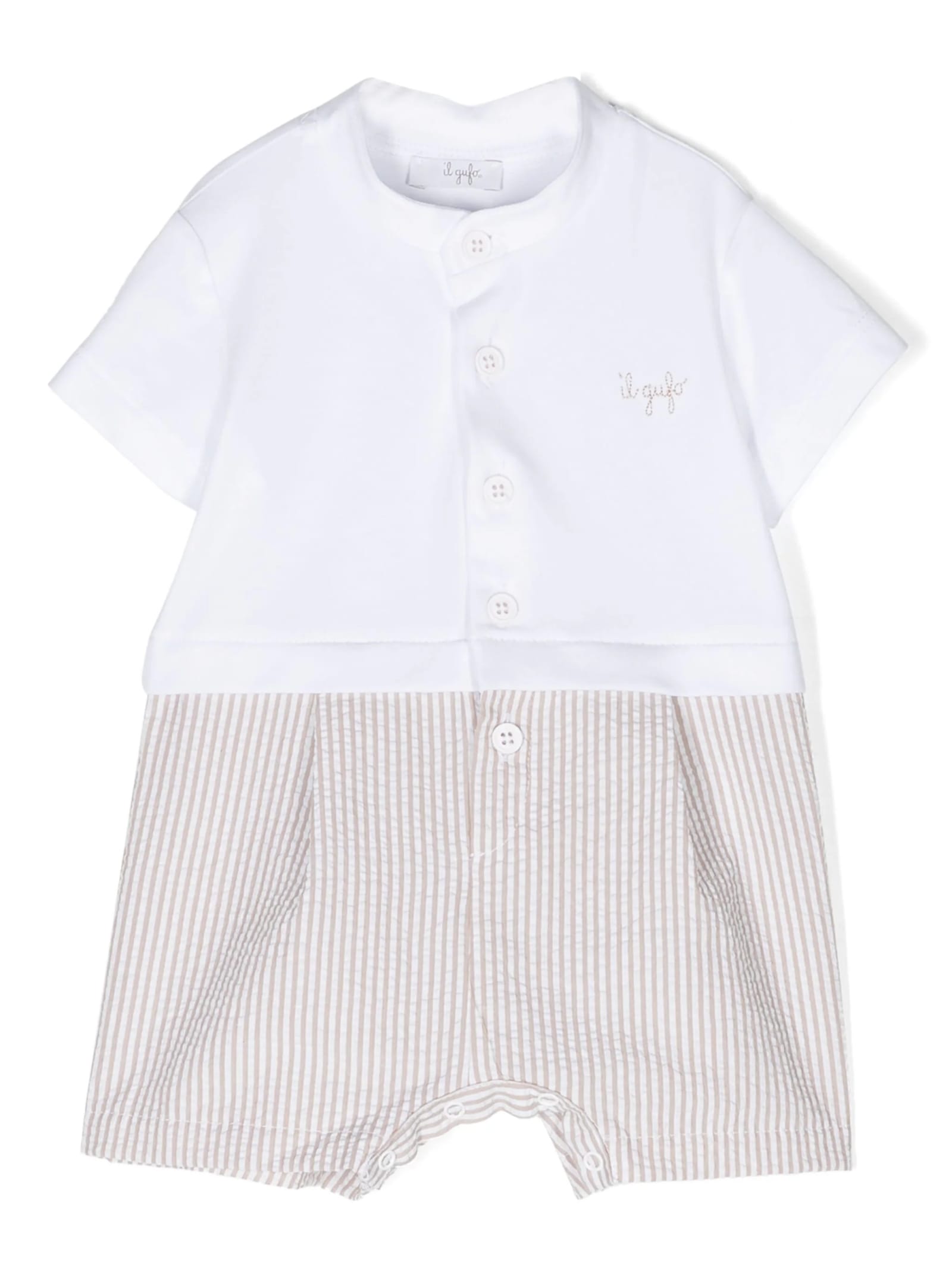 Il Gufo Babies' Beige And White Striped Seersucker Short Playsuit In Two Different Materials In Brown
