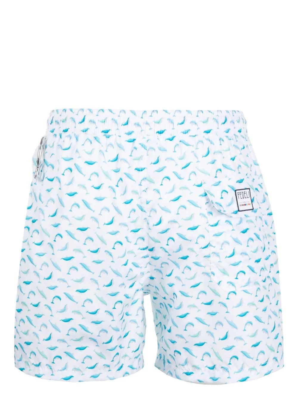 Shop Fedeli White Swim Shorts With Blue Dolphin Pattern
